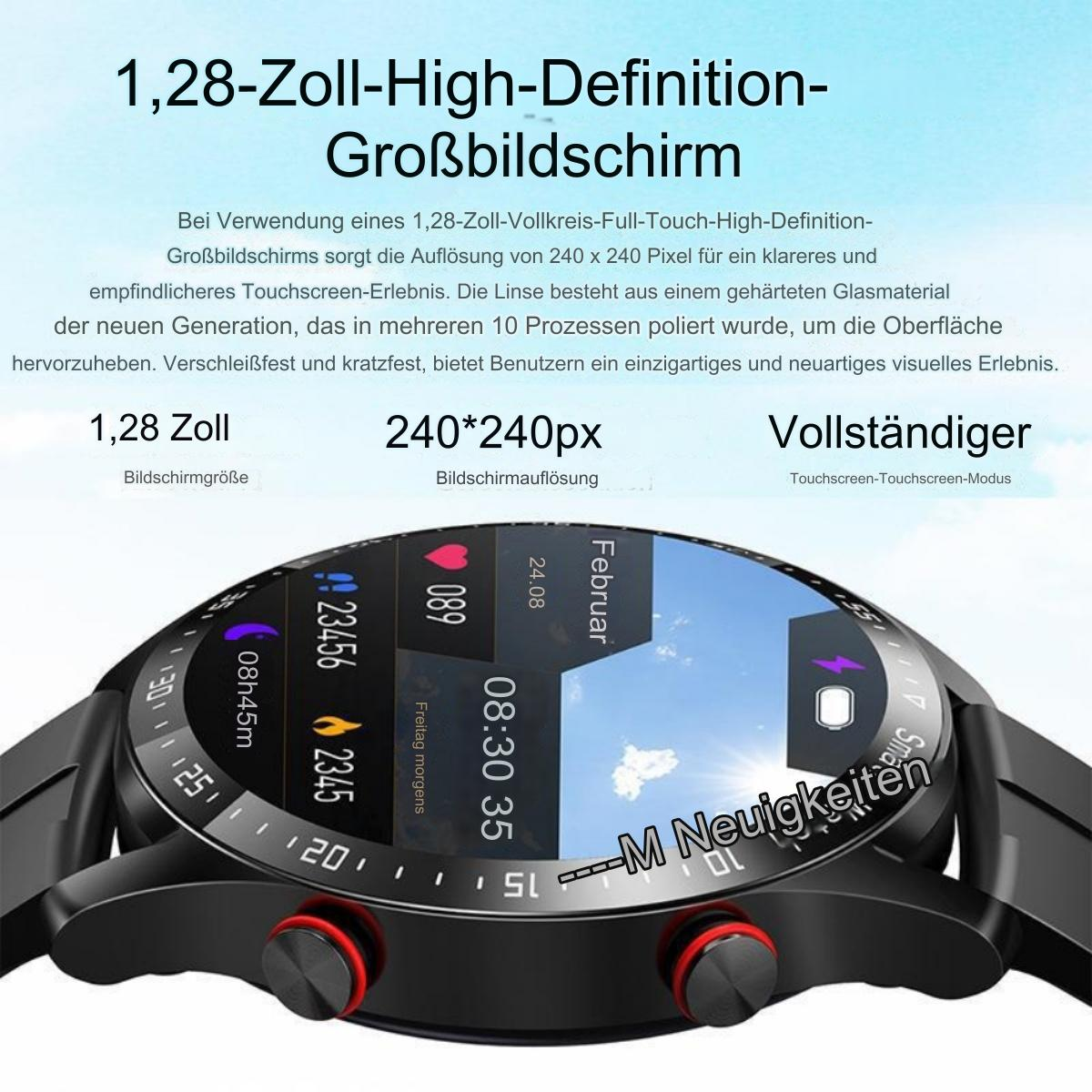 Smartwatch mit schwarzem Armband, zeigt Daten an. Text: 1,28-Zoll-High-Definition-Großbildschirm, 240x240px, Vollständiger.