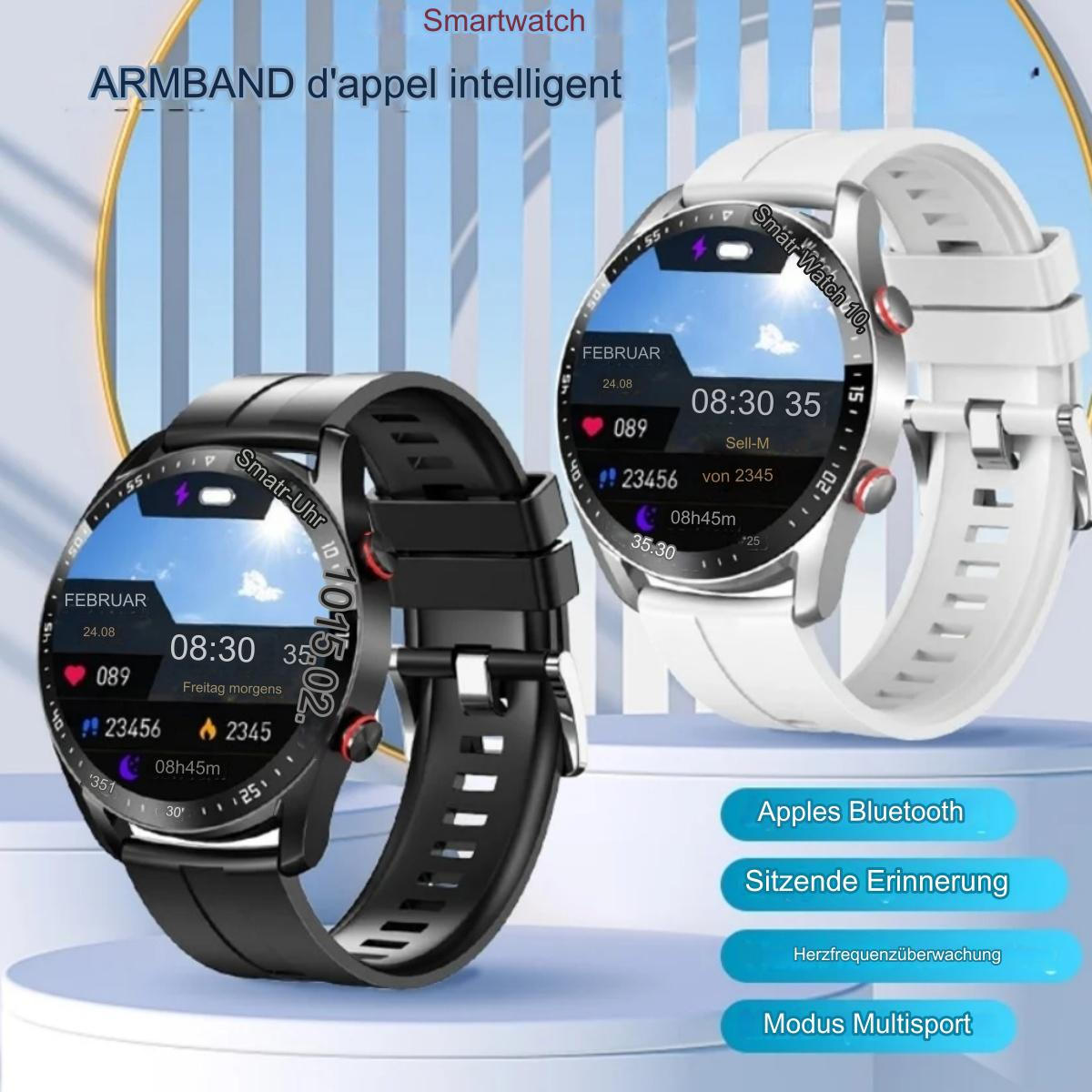 Zwei Smartwatches. Eine schwarze und eine weiße, beide mit einer Watch-Oberfläche. Text auf dem Bild.
