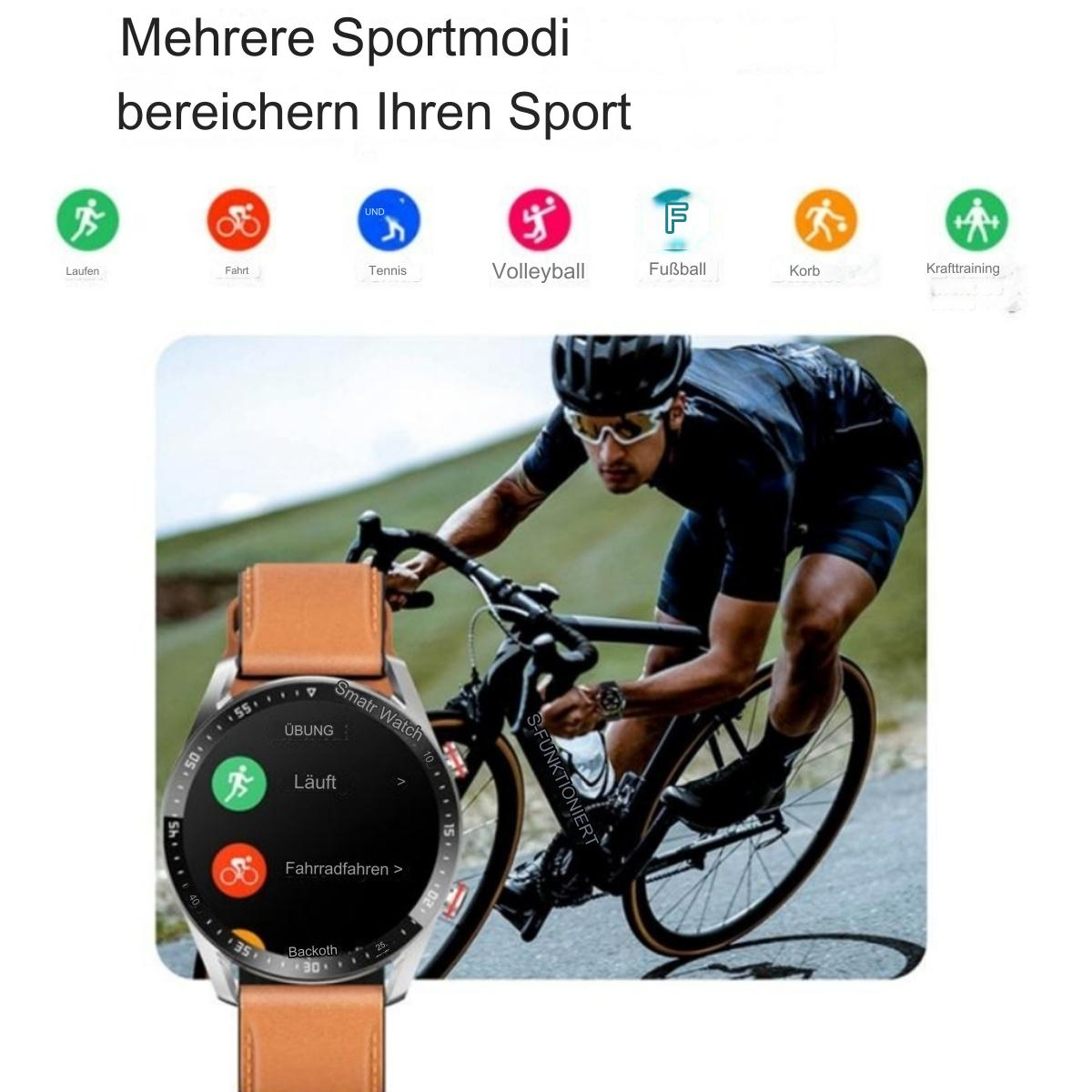 Eine Smartwatch mit Radfahrer- und Lauf-Symbolen und Text zu Sportmodi.