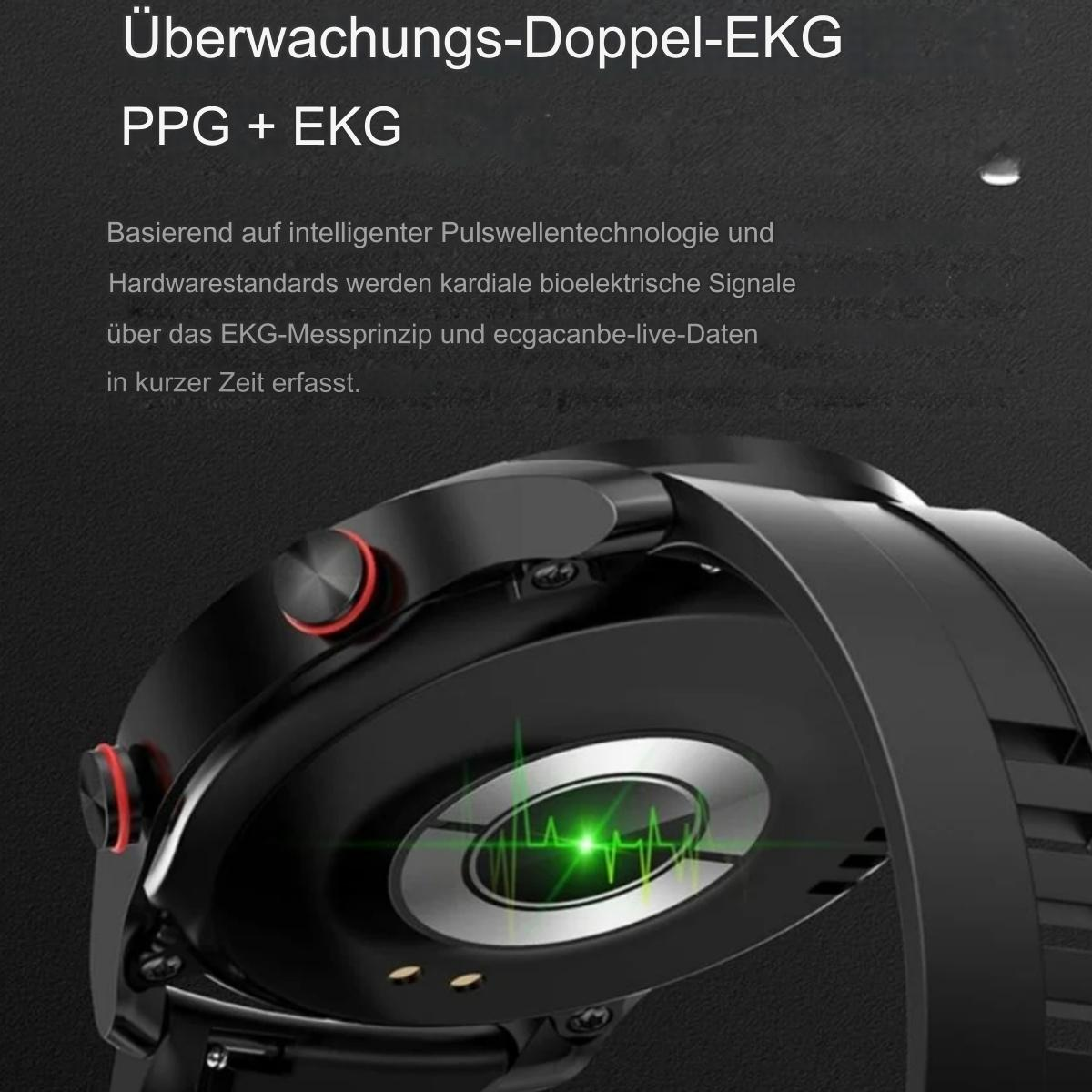 Eine schwarze Smartwatch mit einer grünen Herzschlaglinie auf dem Bildschirm.