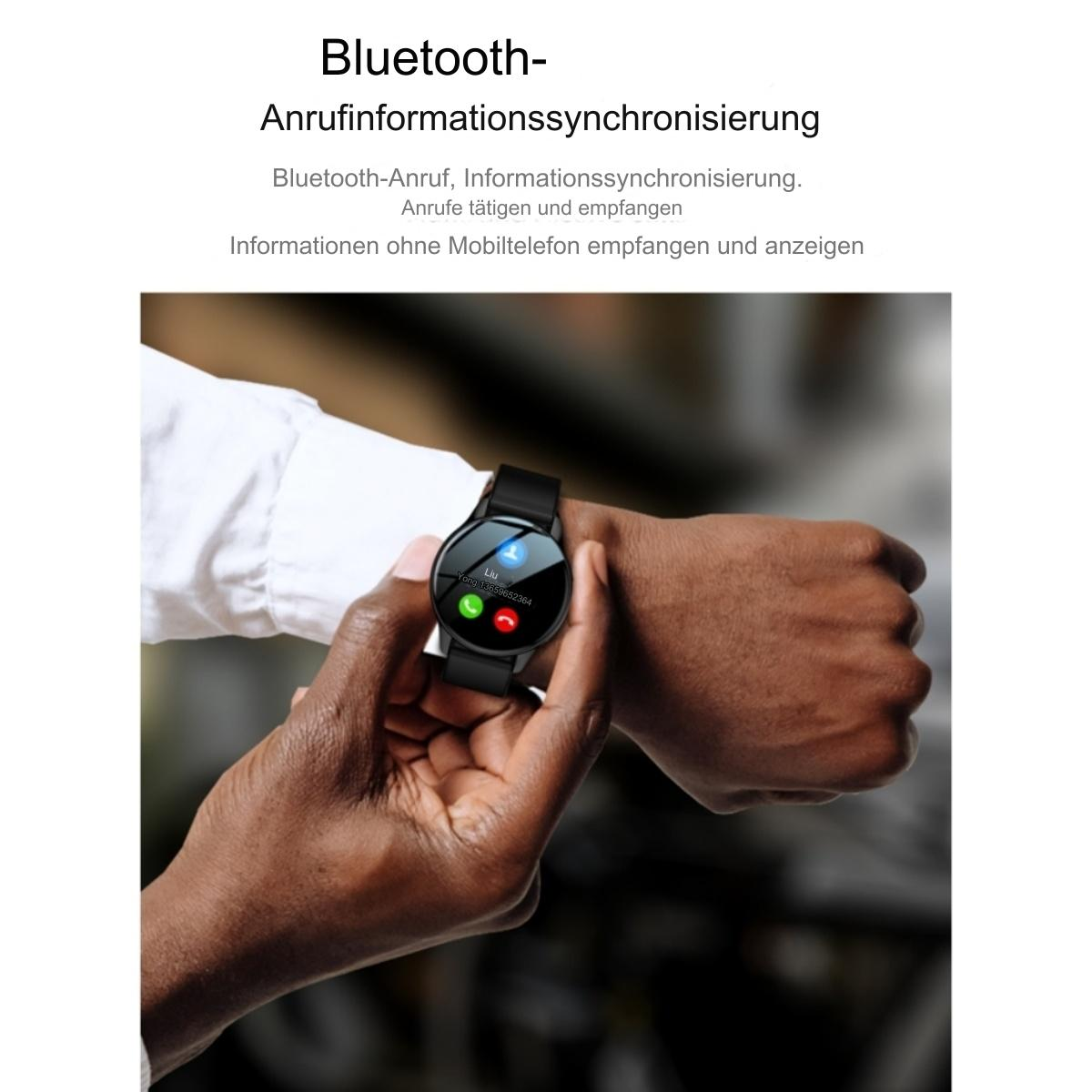 Eine Person, die eine Smartwatch mit einem Anrufbildschirm trägt.
