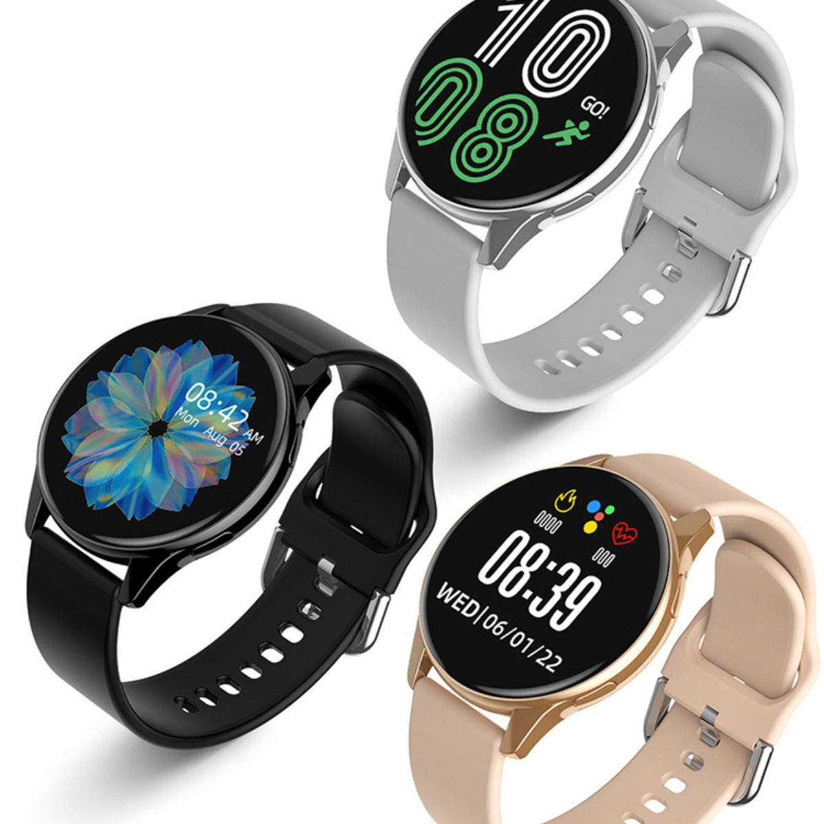 Drei Smartwatches mit schwarzen, weißen und goldenen Armbändern. Die schwarze Uhr zeigt die Zeit.