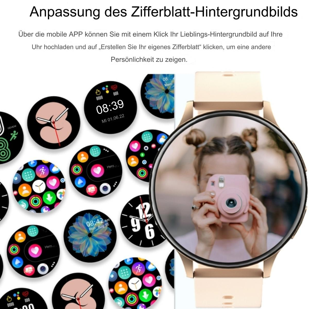 Eine Smartwatch mit einem Bildschirm, der verschiedene Zifferblätter anzeigt. Ein Mädchen hält eine rosa Kamera.