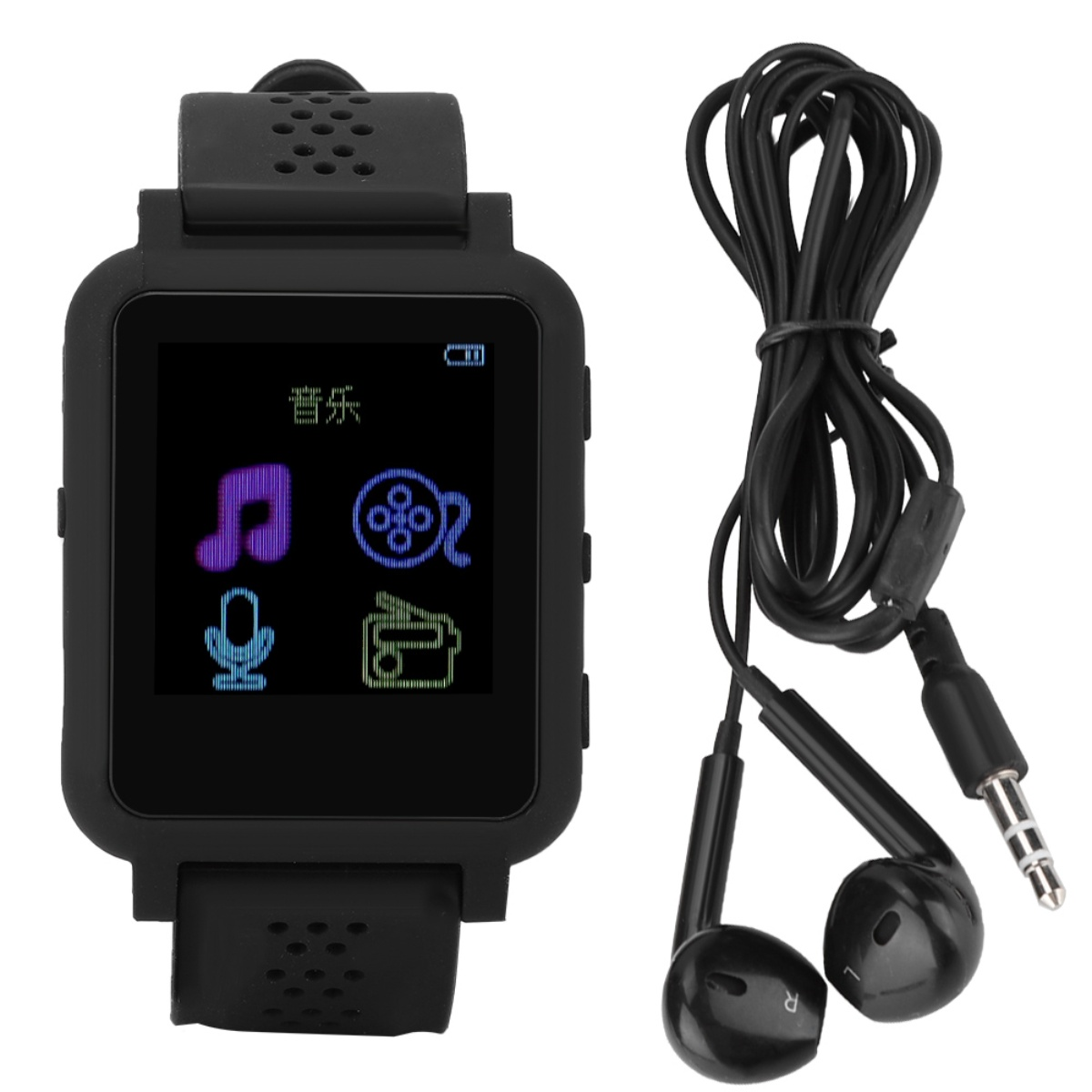Schwarze Smartwatch mit Musiksymbolen auf dem Bildschirm, schwarze Kopfhörer und schwarzes Kabel.