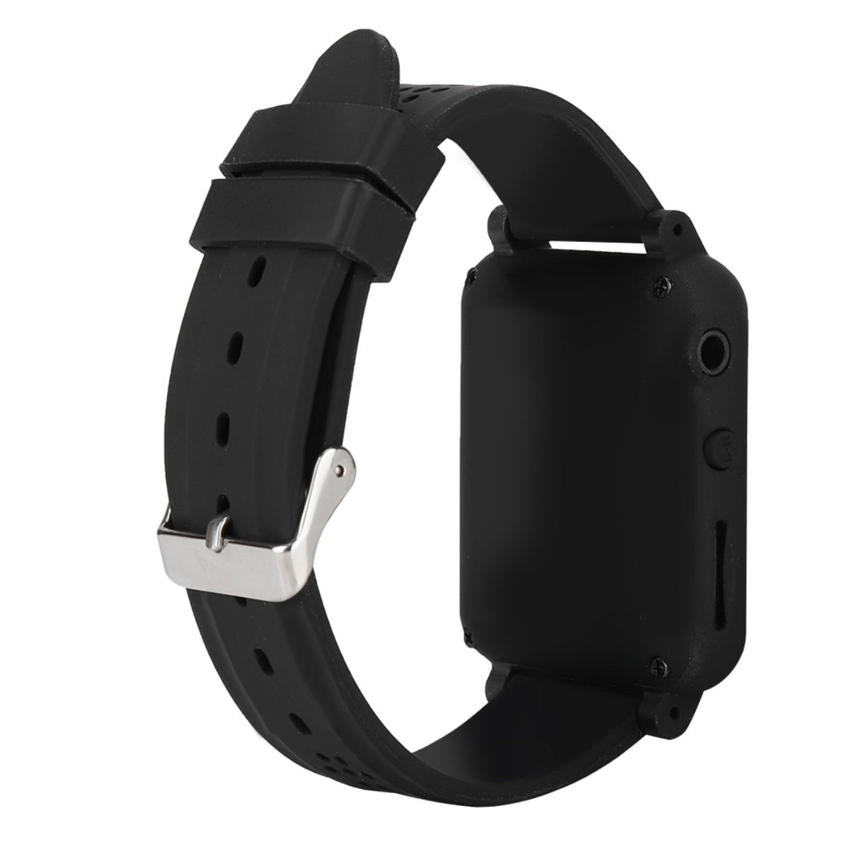 Eine schwarze Smartwatch mit schwarzem Armband und silberner Schließe.