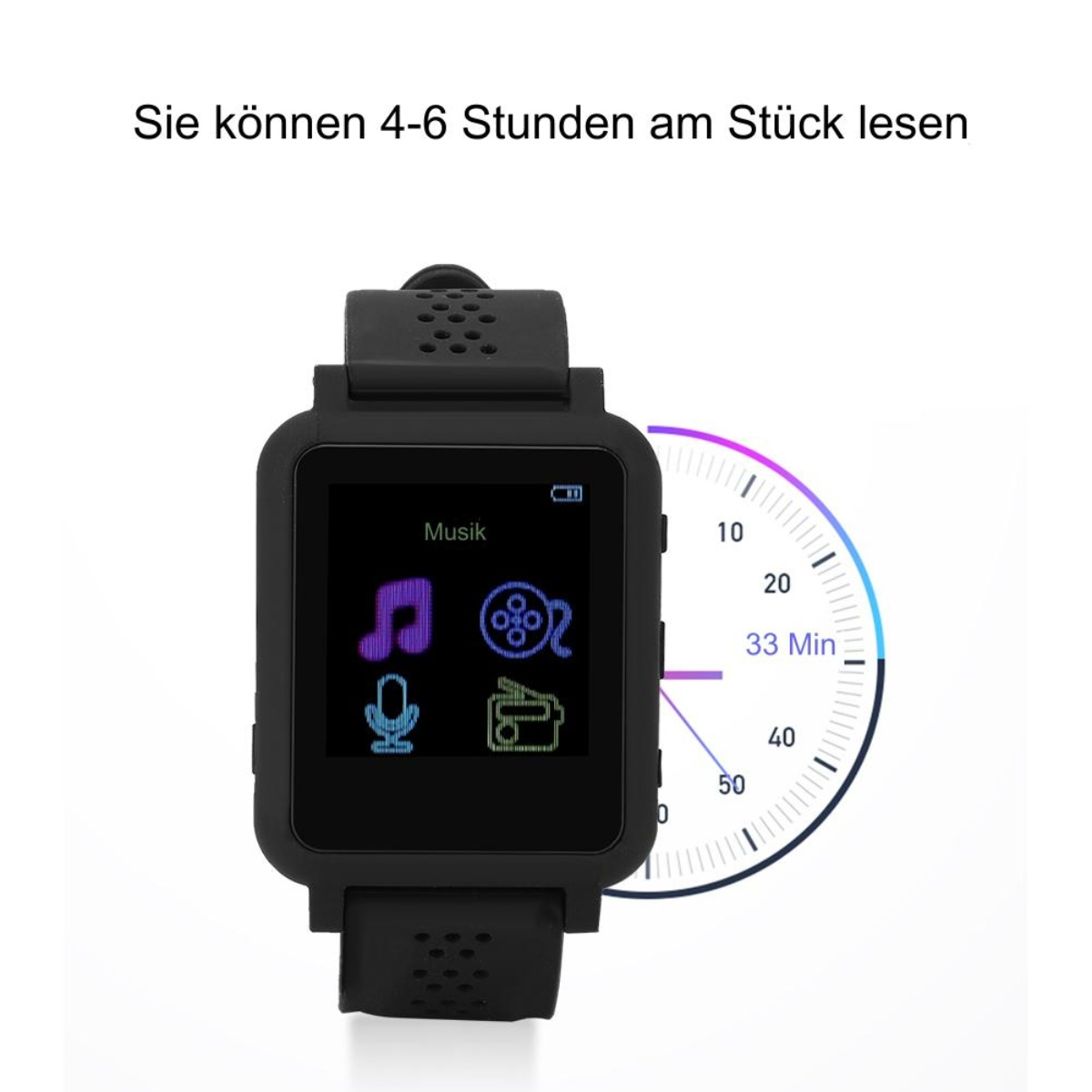 Schwarze Smartwatch mit Symbolen. Die Uhr hat ein schwarzes Armband. Eine Uhr wird angezeigt.