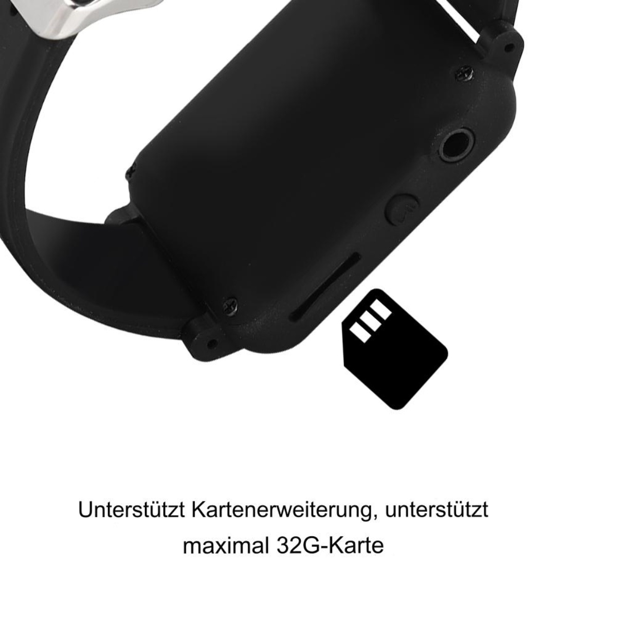 Nahaufnahme einer Smartwatch mit schwarzem Armband und SIM-Karten-Symbol.