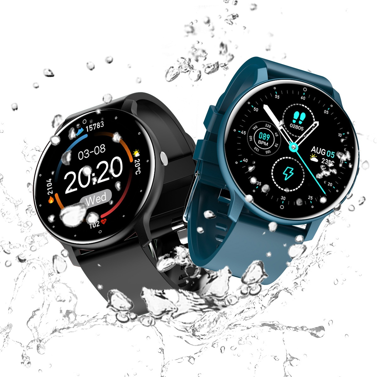 Zwei Smartwatches in Schwarz und Blau, die Datum, Uhrzeit und Metriken anzeigen, mit Wasser.