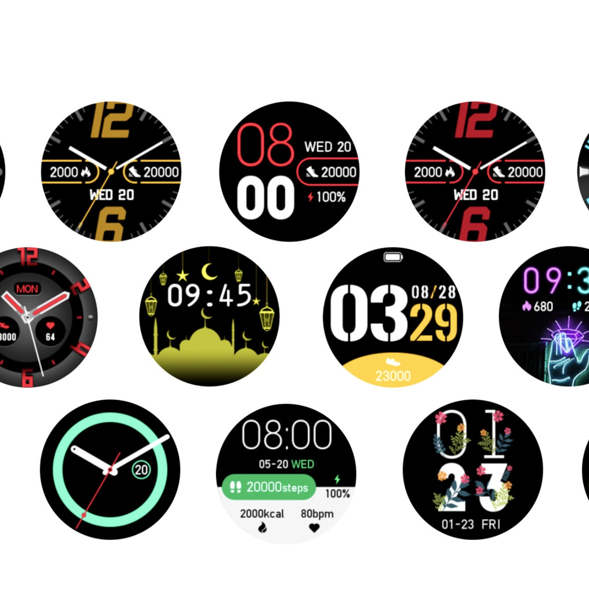 Verschiedene Smartwatch-Zifferblätter mit Uhrzeit, Datum und Gesundheitsmetriken.