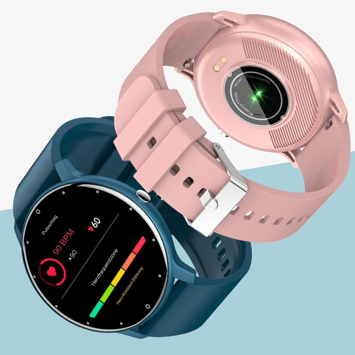 Zwei Smartwatches, eine rosa und eine blaue, mit Herzfrequenz und anderen Infos.