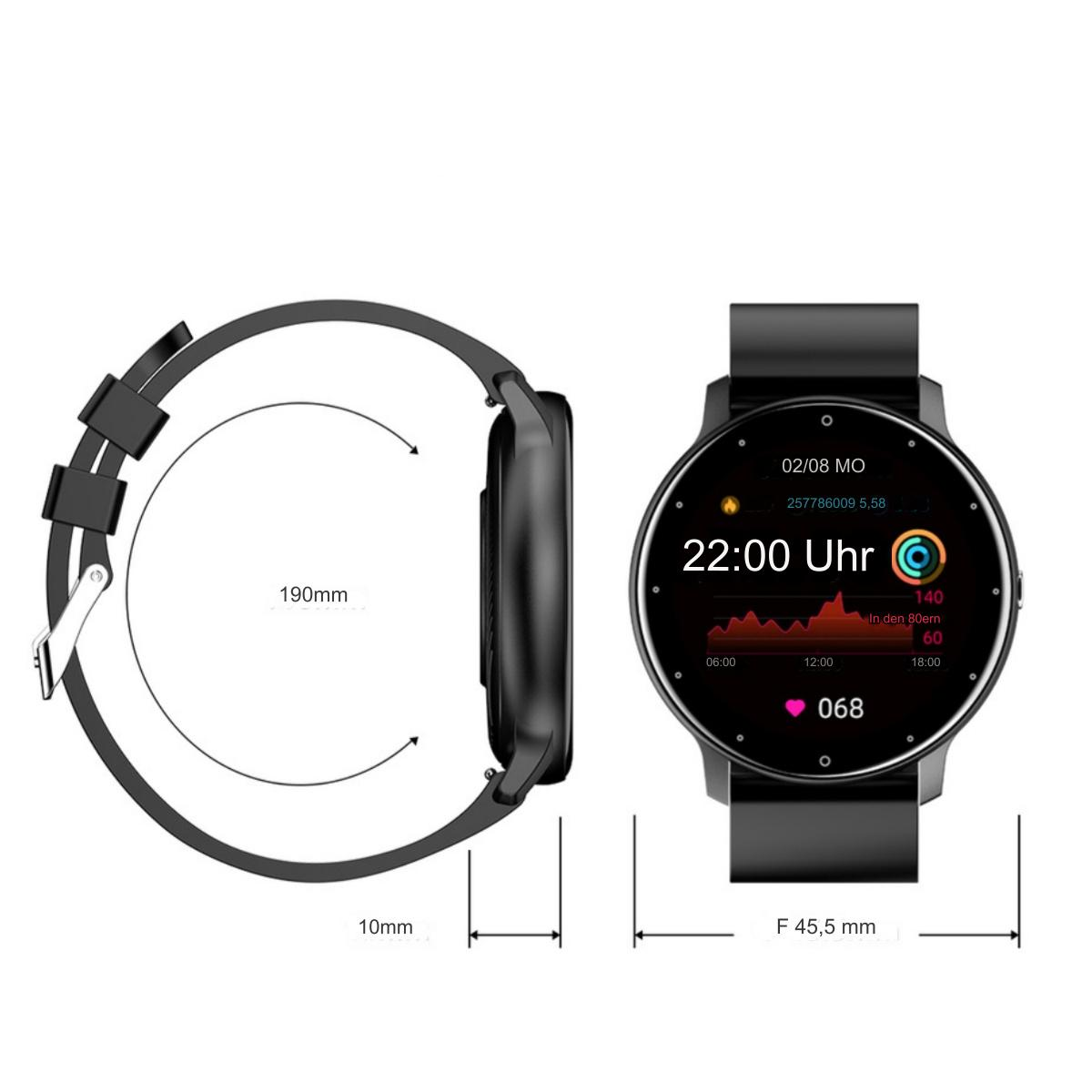 Eine schwarze Smartwatch mit schwarzem Armband, neben einer Größenmessung.