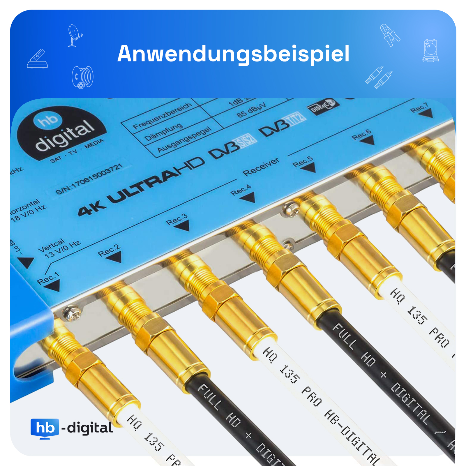 Nahaufnahme einer digitalen Splitterbox mit Kabeln, beschriftet für 4K Ultra HD.