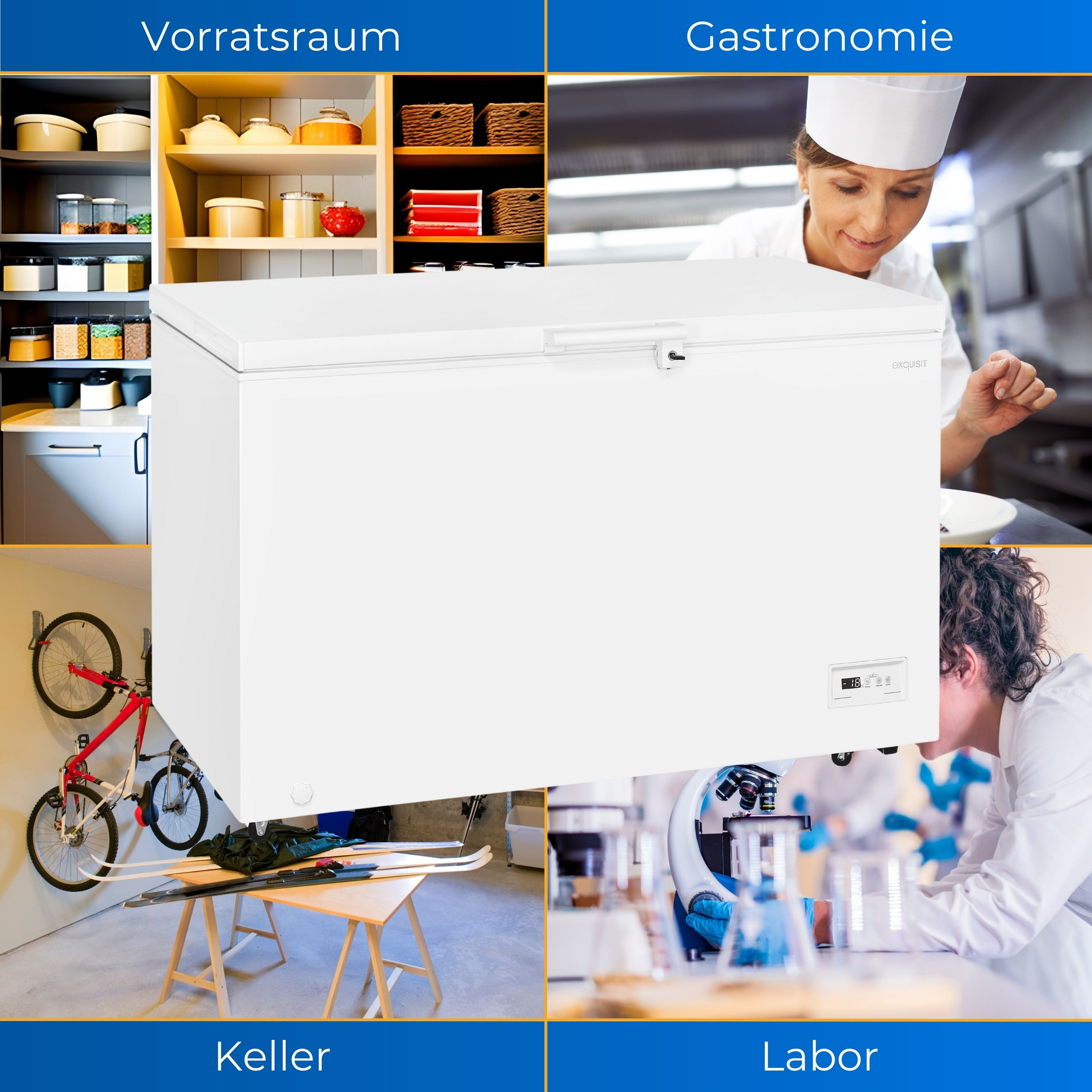 Eine weiße Truhen-Gefriertruhe mit vier Bildern. Bilder zeigen: Speisekammer, Restaurant, Keller und Labor.
