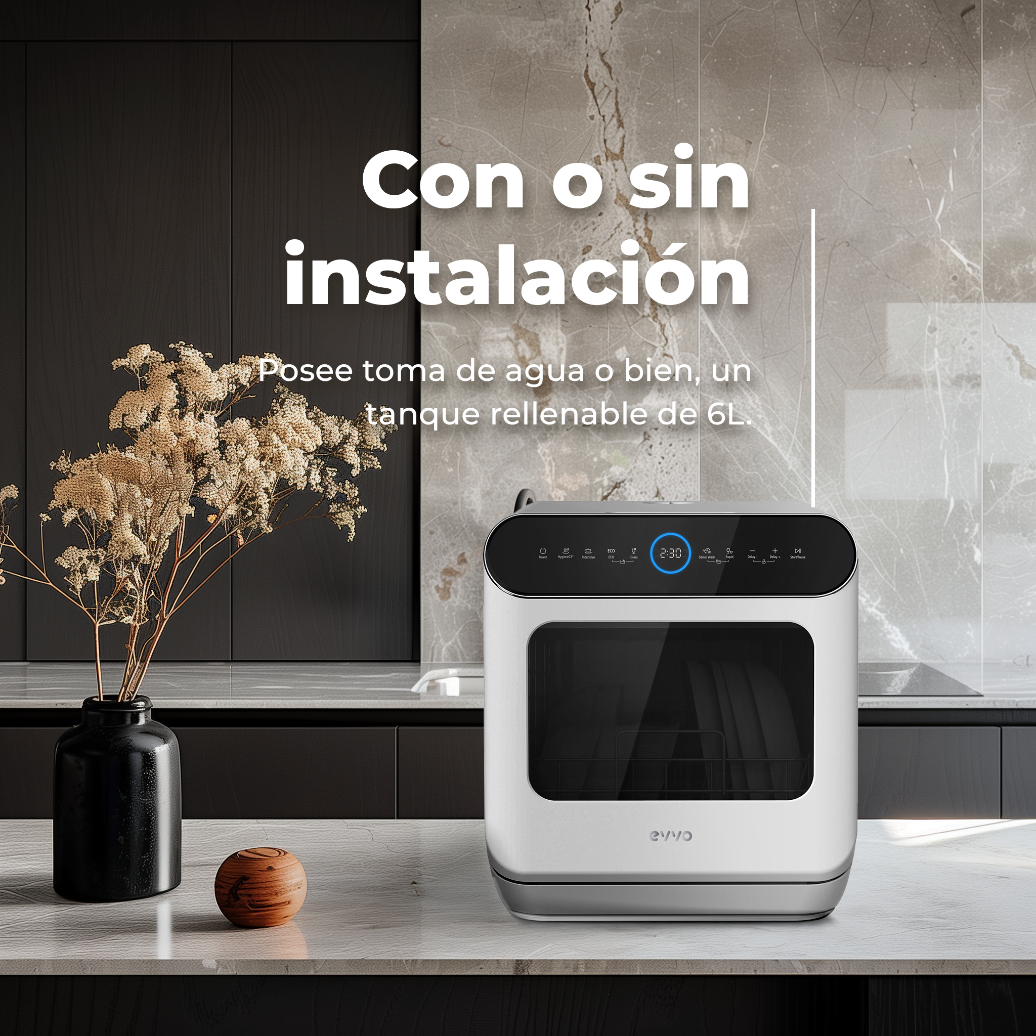 Lavavajillas en una encimera, con texto que indica que se puede instalar sin conexiones de agua.
