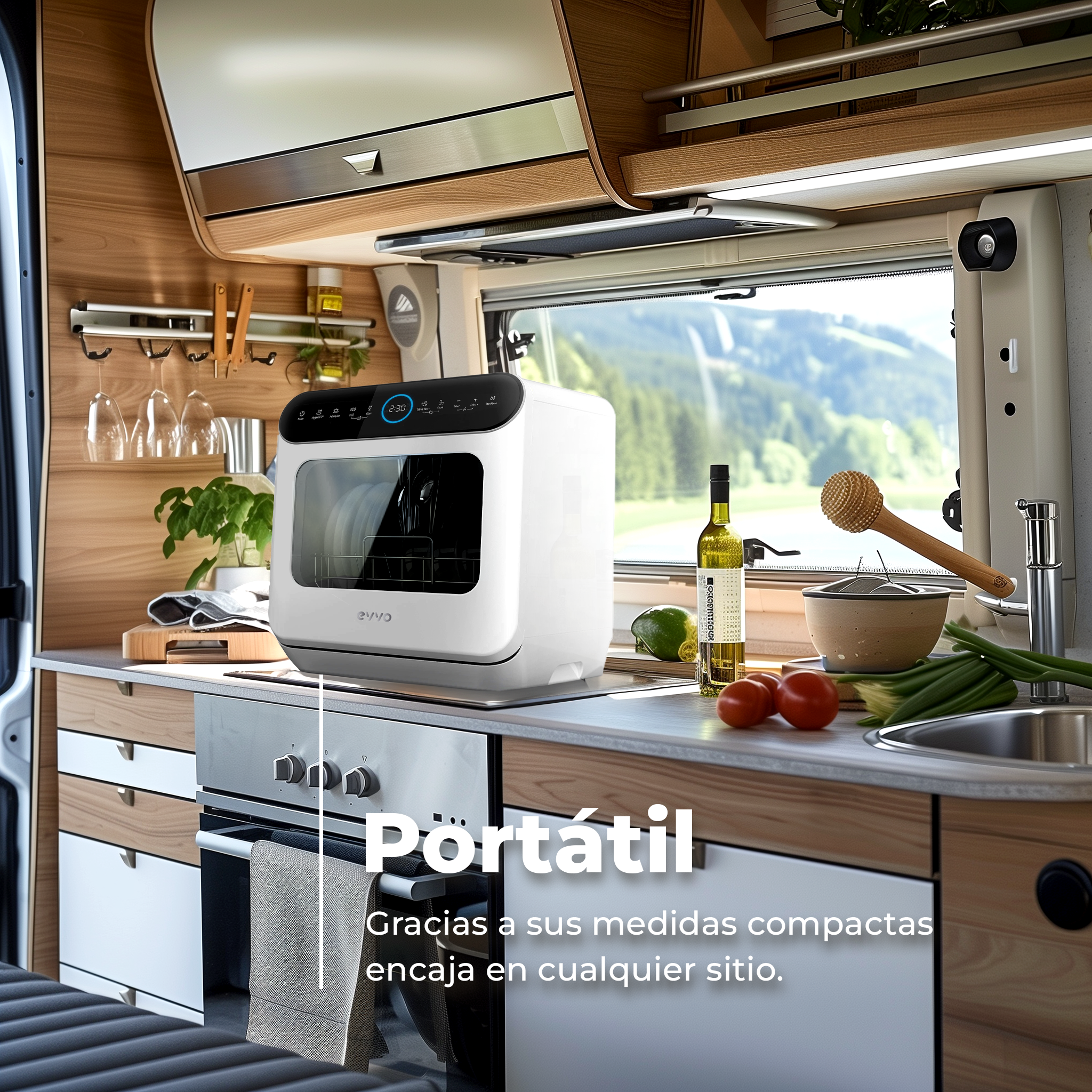 Un lavavajillas portátil dentro de una furgoneta camper. Las palabras 'Portátil' y una descripción son visibles.