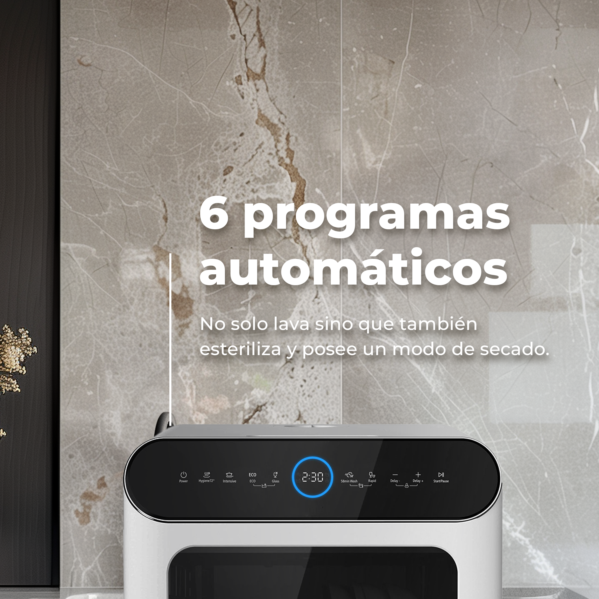 Panel de control de lavadora blanco con pantalla digital. Texto: 6 programas automáticos.