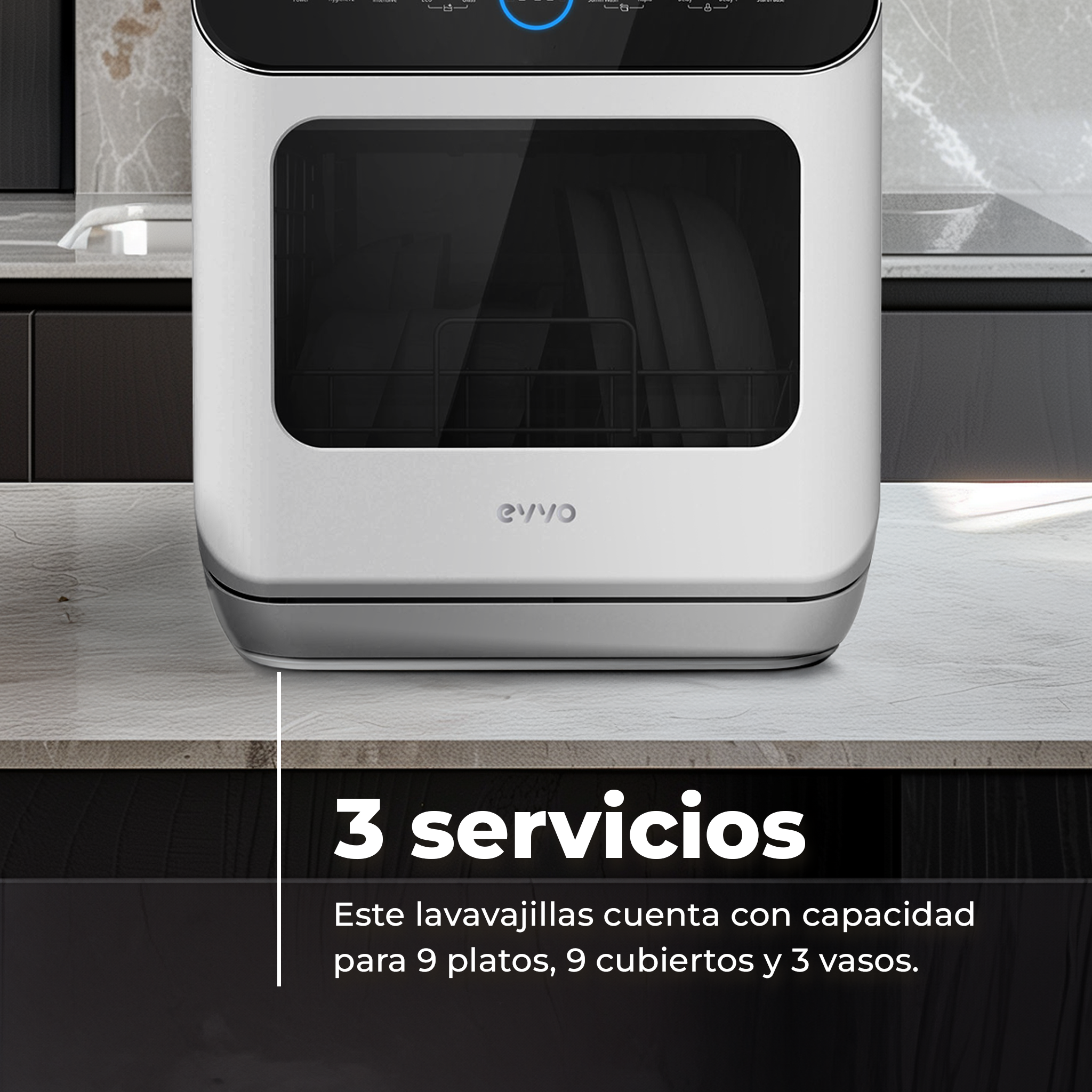 Una encimera blanca con un lavavajillas blanco con puerta negra.