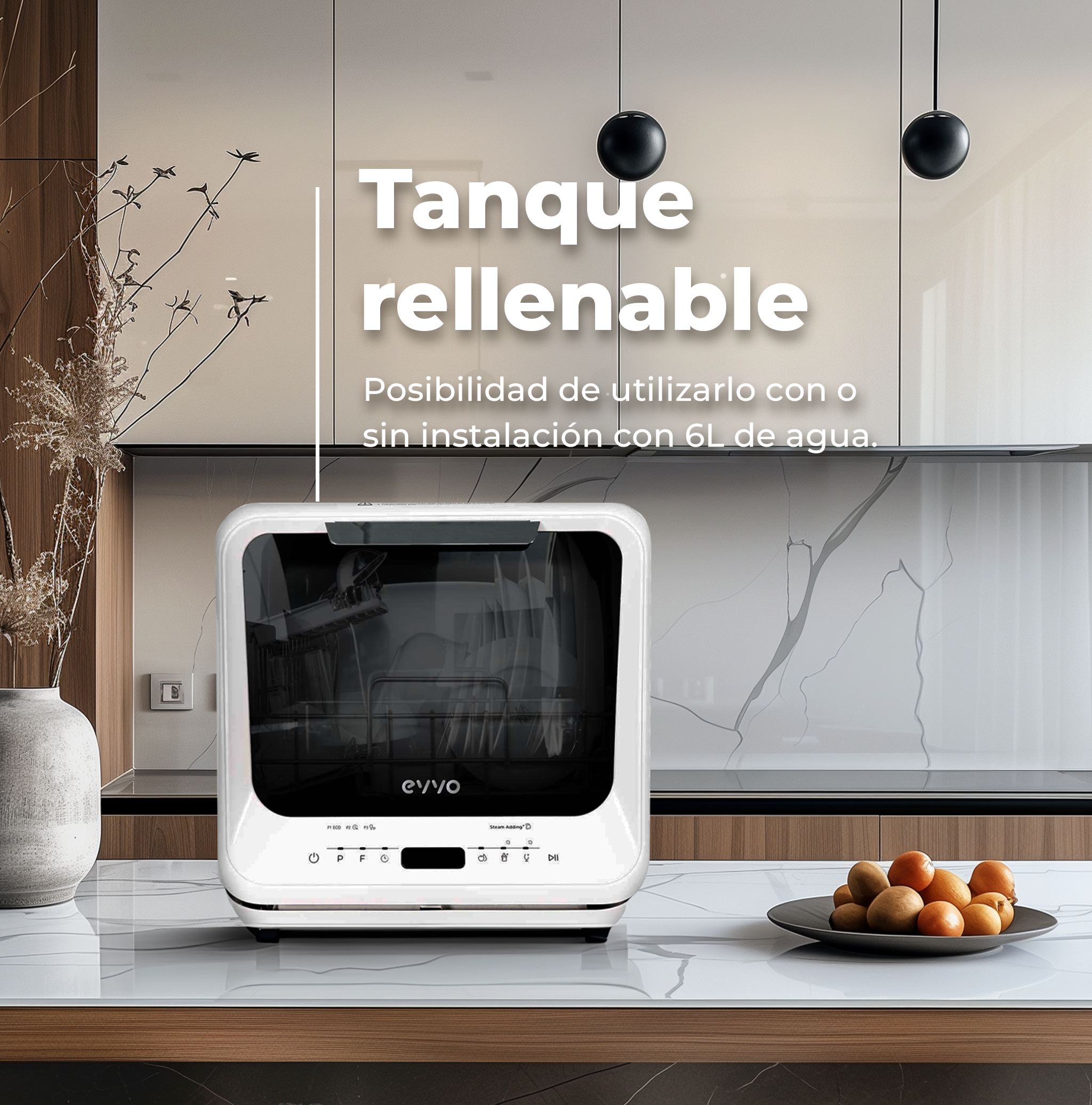Un lavavajillas blanco de encimera con el texto 'Tanque rellenable'. A la derecha un plato con naranjas.