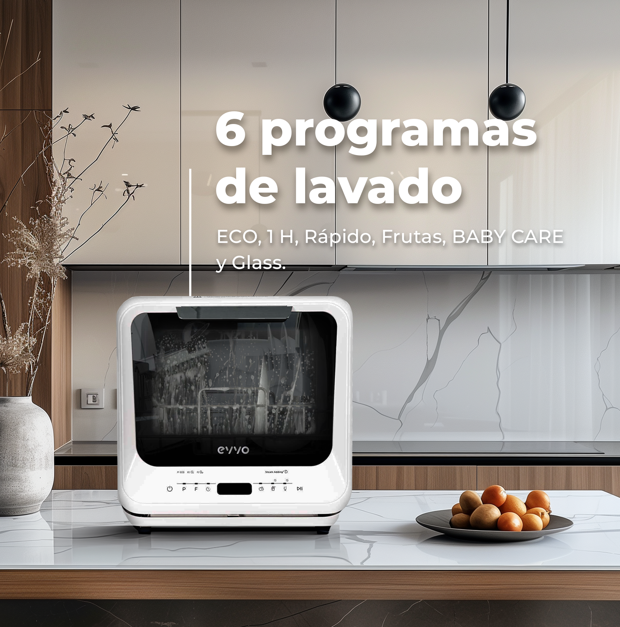 Una encimera blanca con un pequeño lavavajillas y un plato de fruta. Texto en alemán visible.