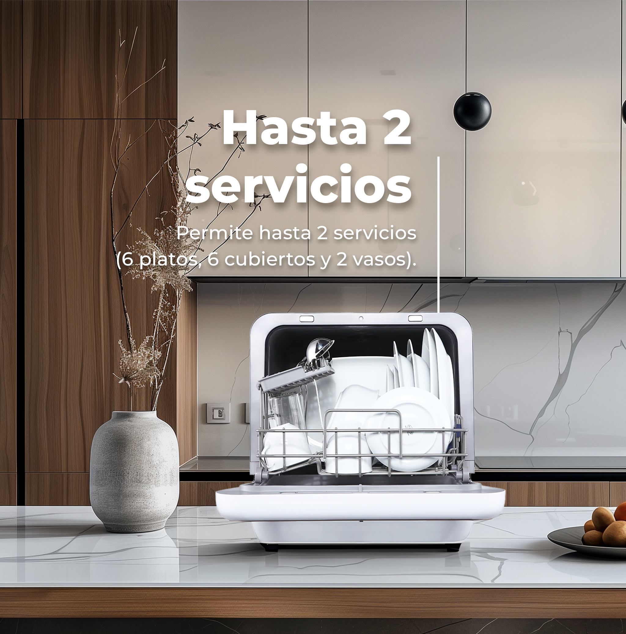 Un lavavajillas pequeño con encimera, un jarrón y texto en español: 'Hasta 2 servicios'.