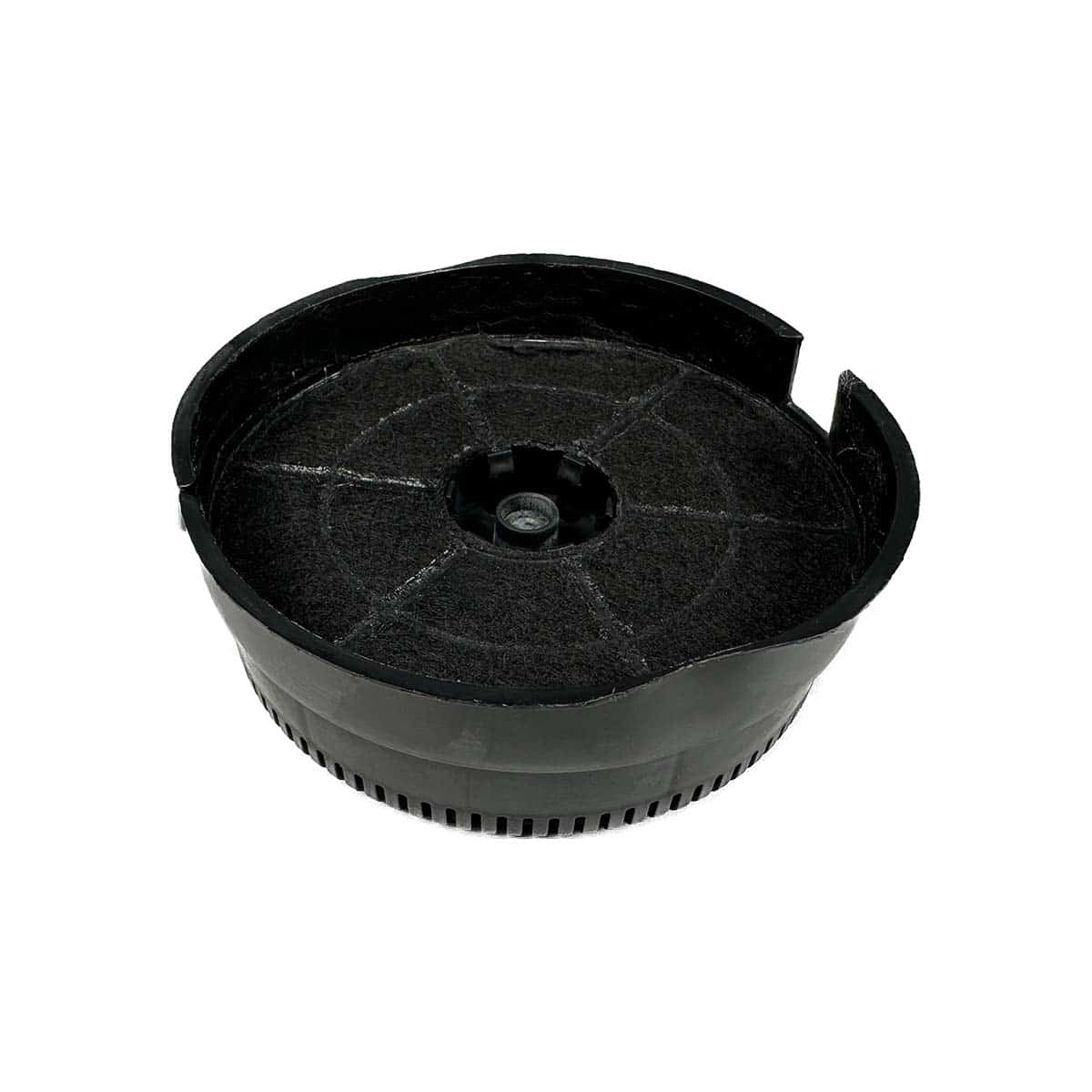 Ein schwarzer, kreisförmiger Aktivkohlefilter mit gitterartigem Design und einer Schraube.