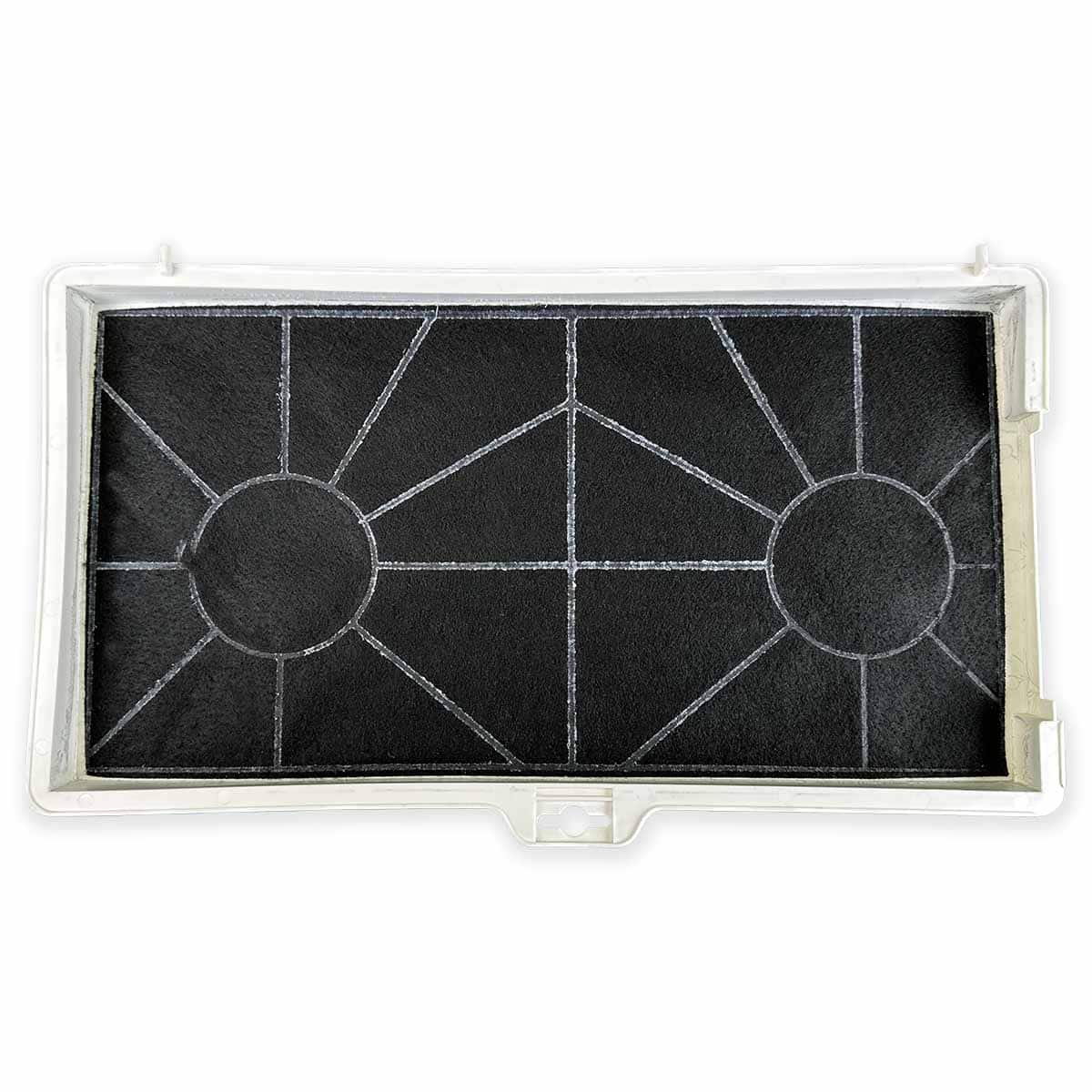 Ein weißer Luftfilter mit einem schwarzen Filter im Inneren. Der Filter hat ein Gitterdesign auf der schwarzen Oberfläche.