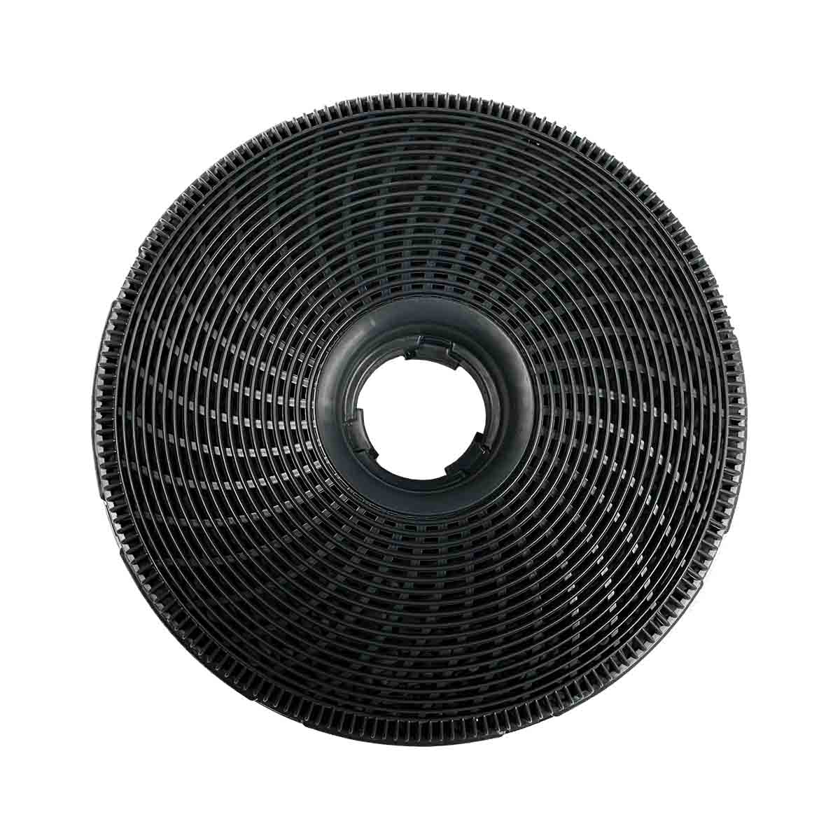 Schwarzer Luftfilter mit konzentrischen Rippen und einem zentralen kreisförmigen Loch.