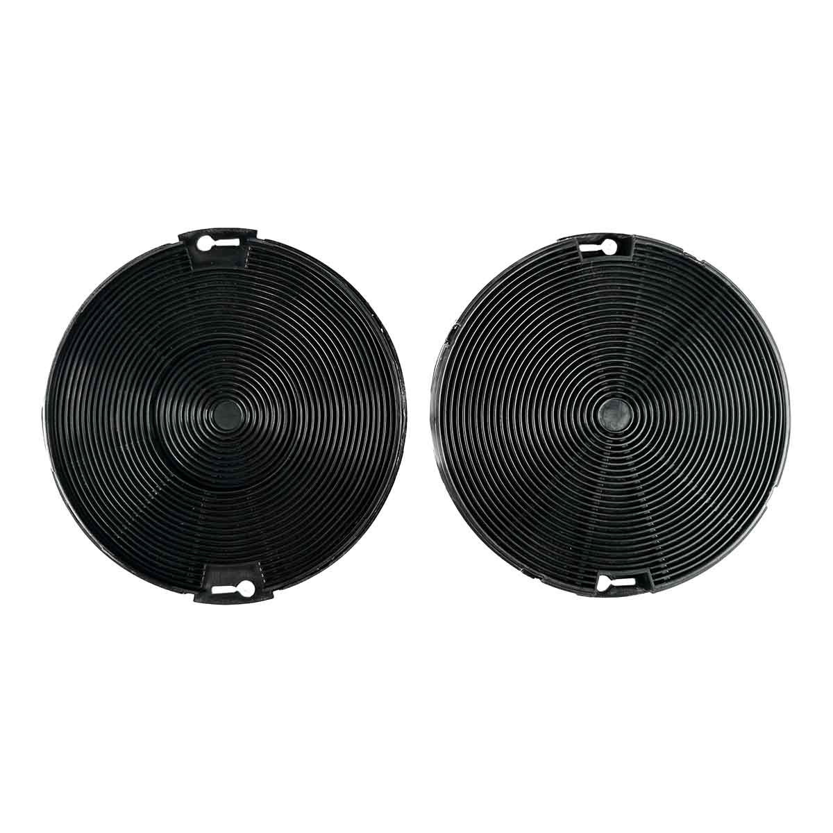 Zwei runde schwarze Aktivkohlefilter mit Spiralmustern, dargestellt auf weißem Hintergrund.