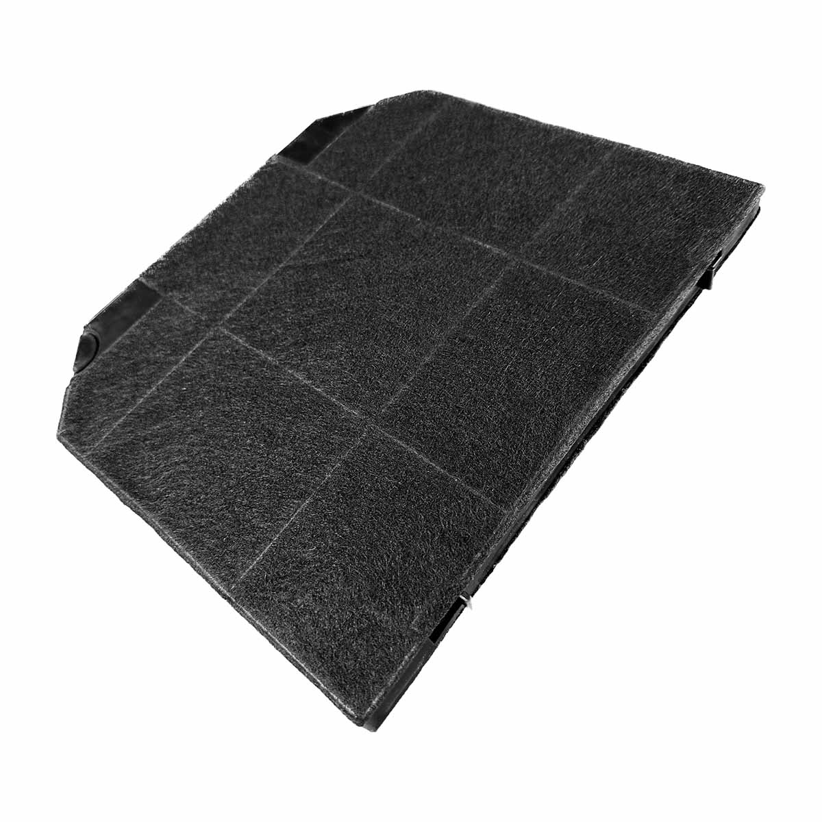 Schwarzer Luftfilter mit quadratischem Gittermuster, diagonale Ansicht, weißer Hintergrund.
