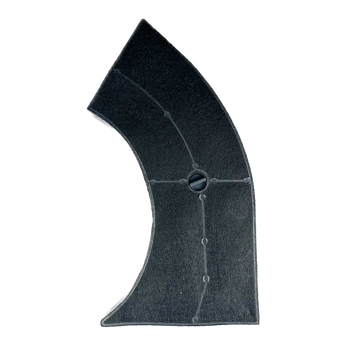 Schwarzer gebogener Filter für eine Dunstabzugshaube mit Schraube.