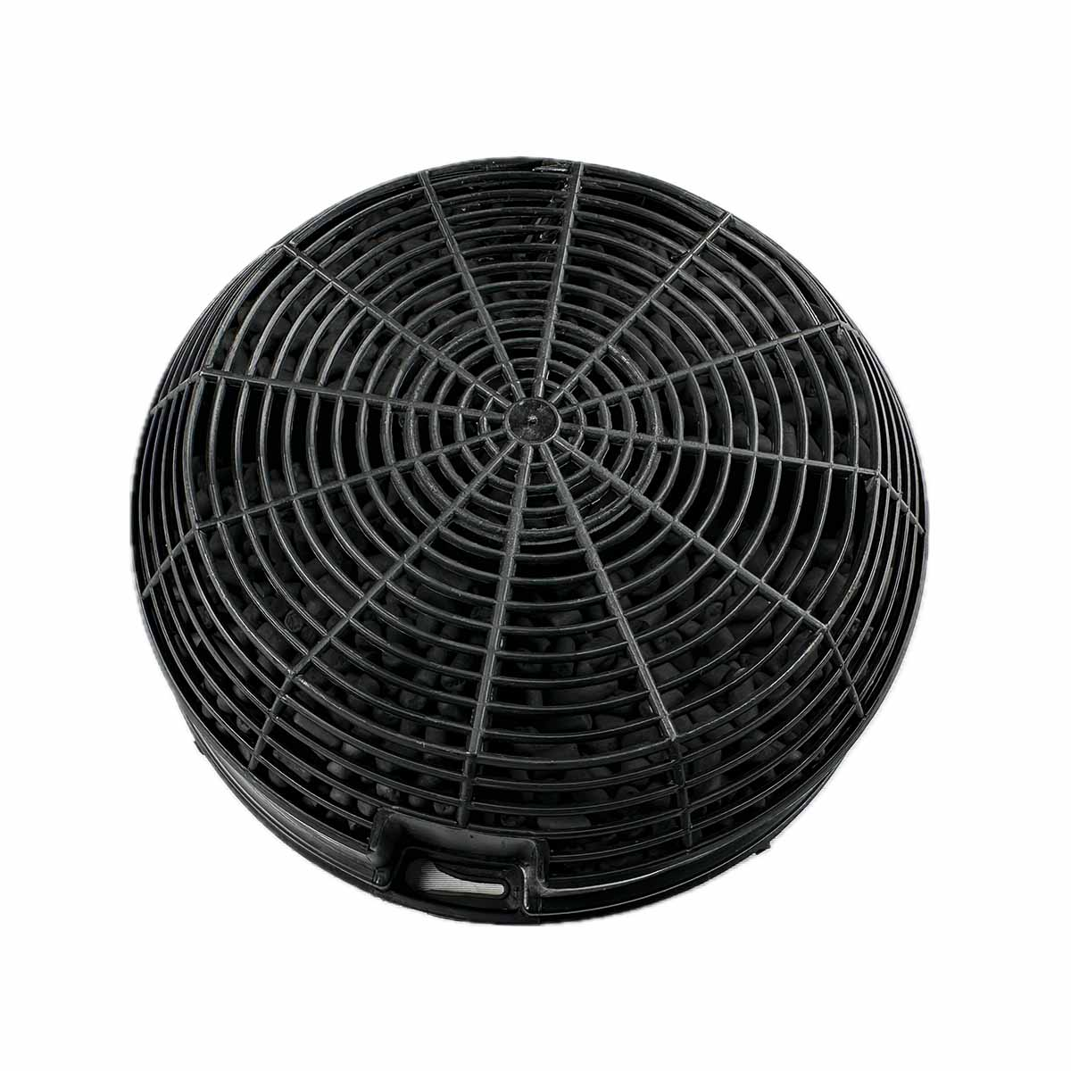 Runder, schwarzer Aktivkohlefilter mit Gitterdesign, zur Luftreinigung.