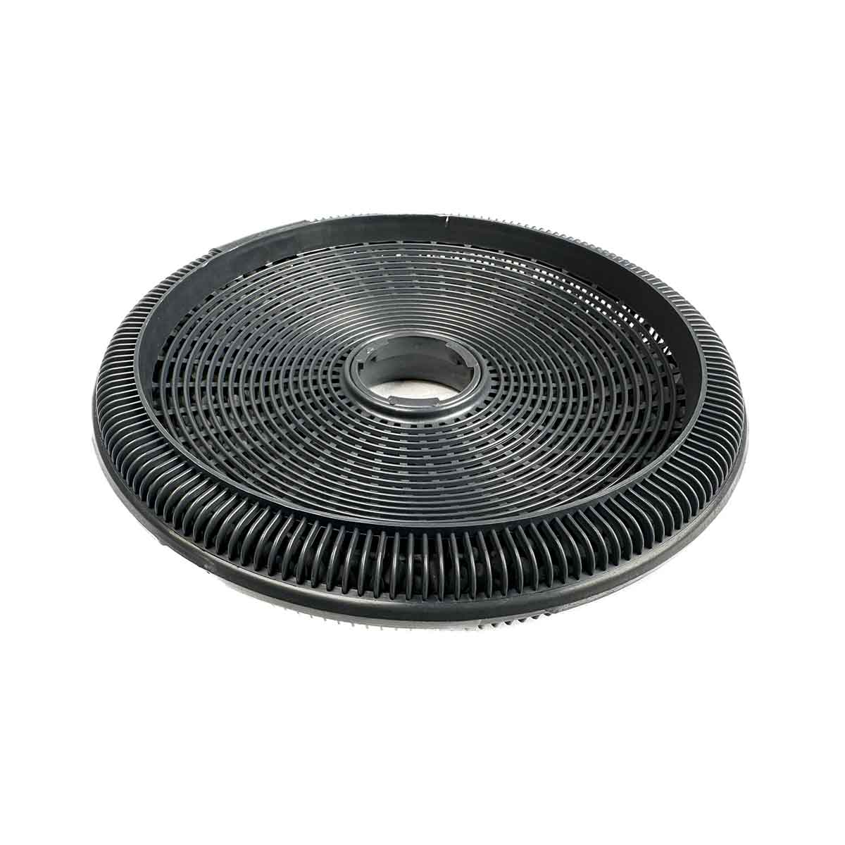 Kreisförmiger schwarzer Filter für eine Küchenhaube. Spiralendesign.