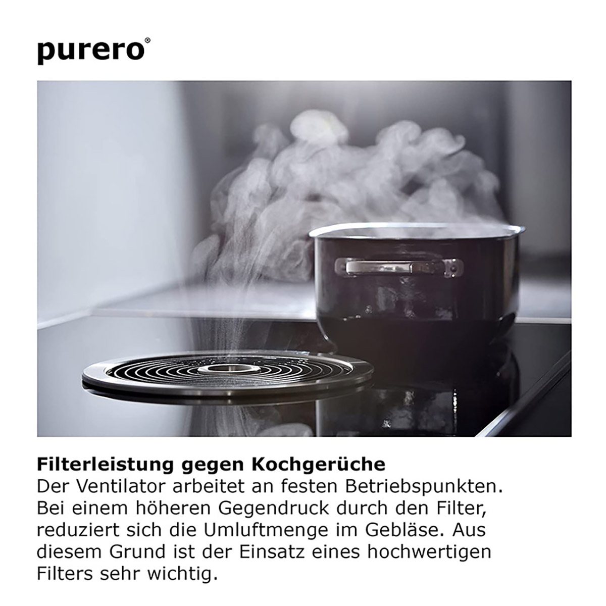 Une casserole fume sur une cuisinière. Un filtre de ventilation est au premier plan. Il y a du texte sur la performance du filtre.