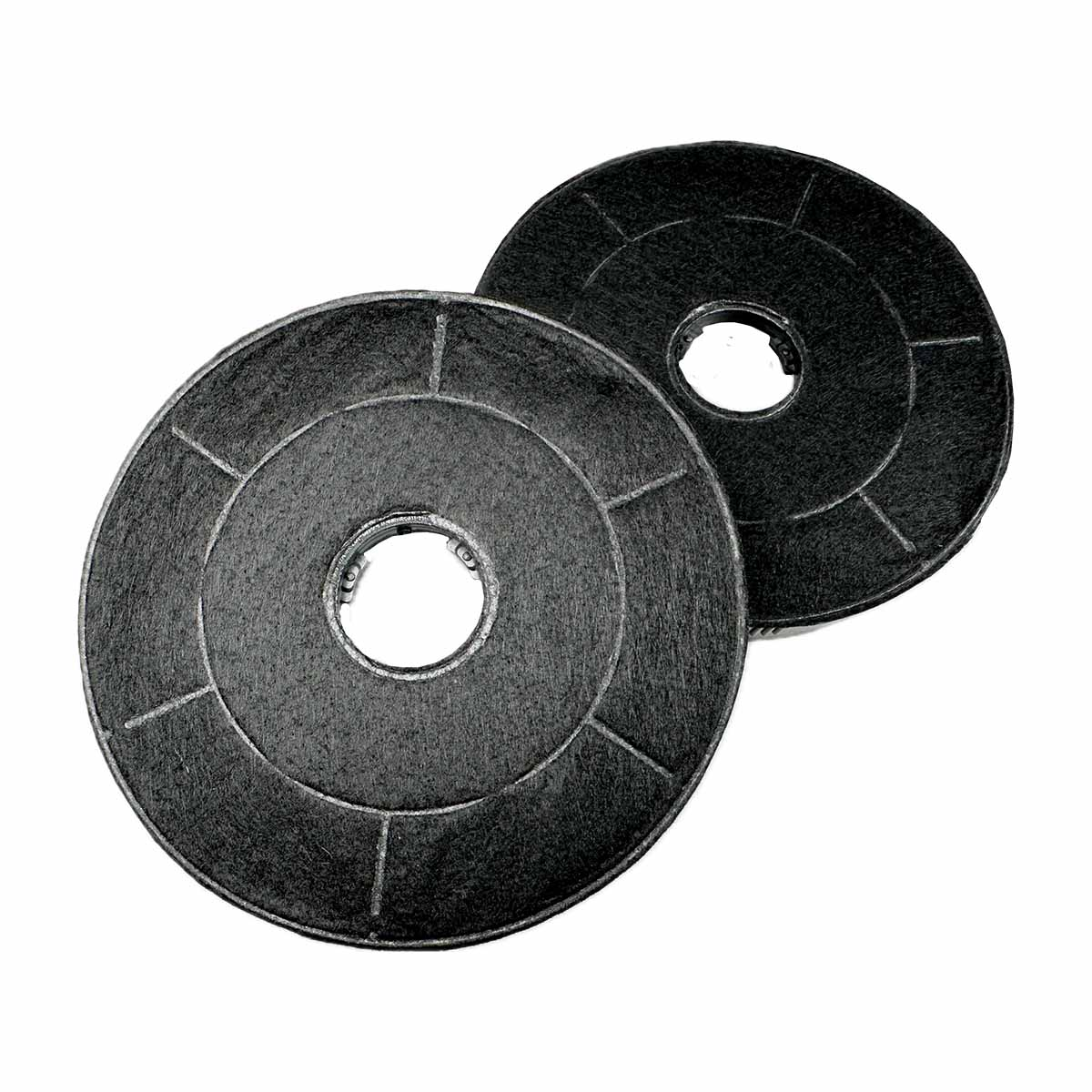 Zwei schwarze Aktivkohlefilter, rund, mit einem zentralen Loch.