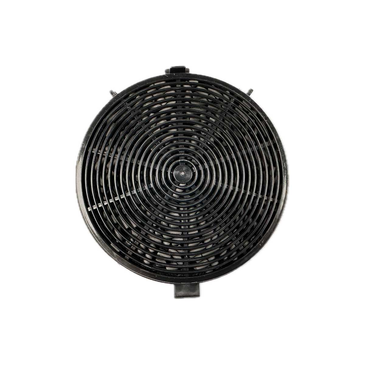 Ein schwarzer, kreisförmiger Ventilator mit konzentrischen Ringen auf weißem Hintergrund.