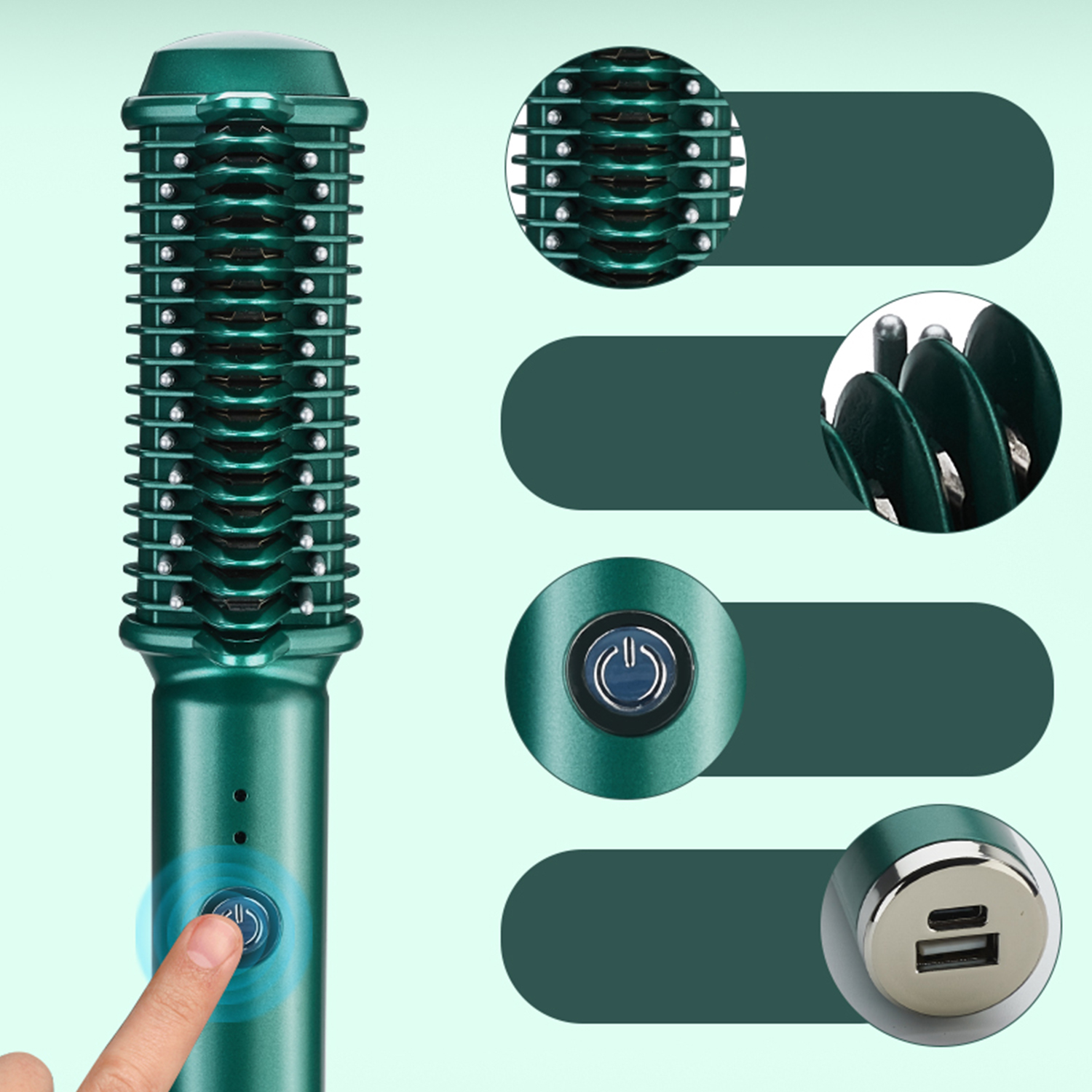 Spazzola lisciante verde con pulsante e porta USB, con dettagli ravvicinati.