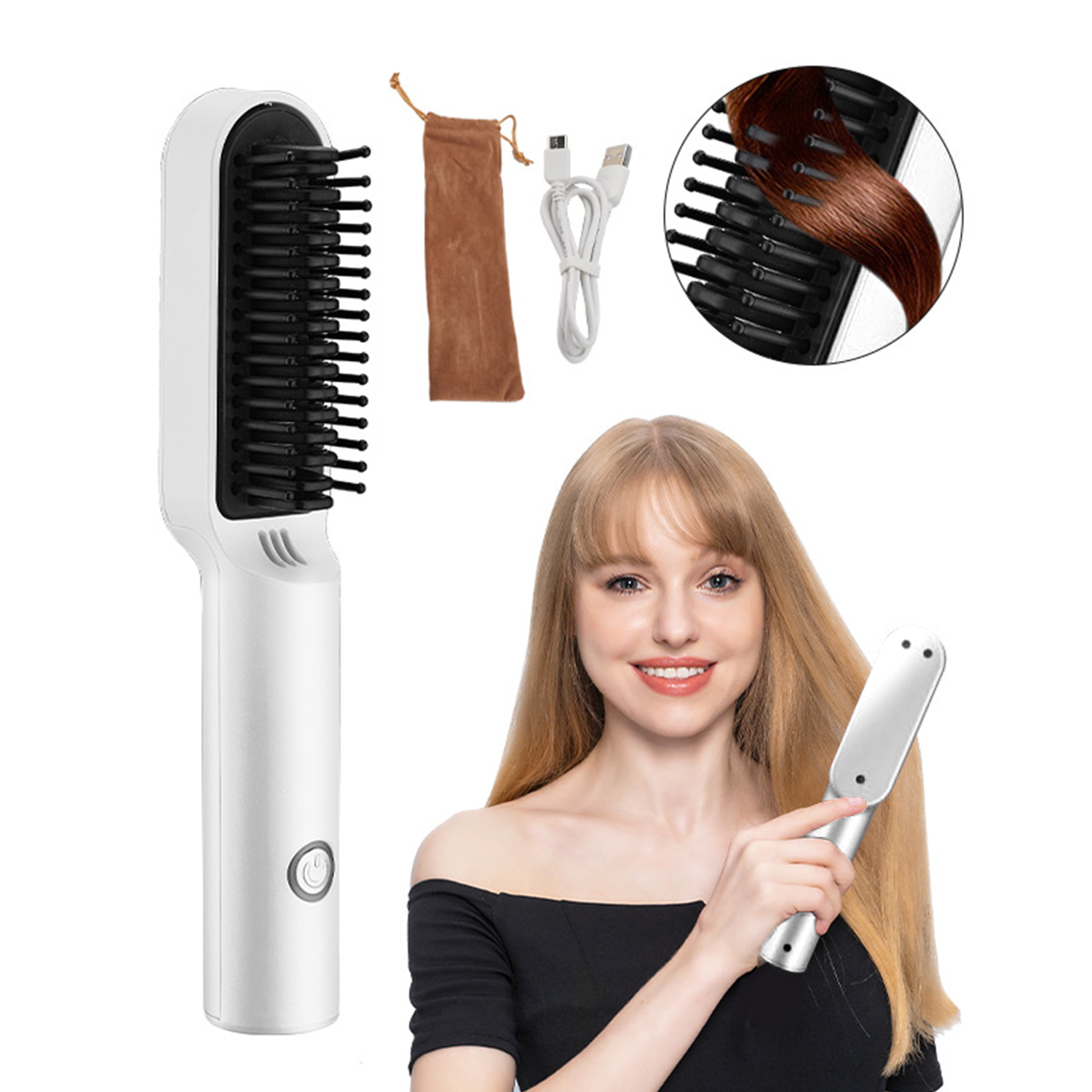 Mujer usando un cepillo alisador de cabello blanco y plateado. Accesorios: bolsa y cable.