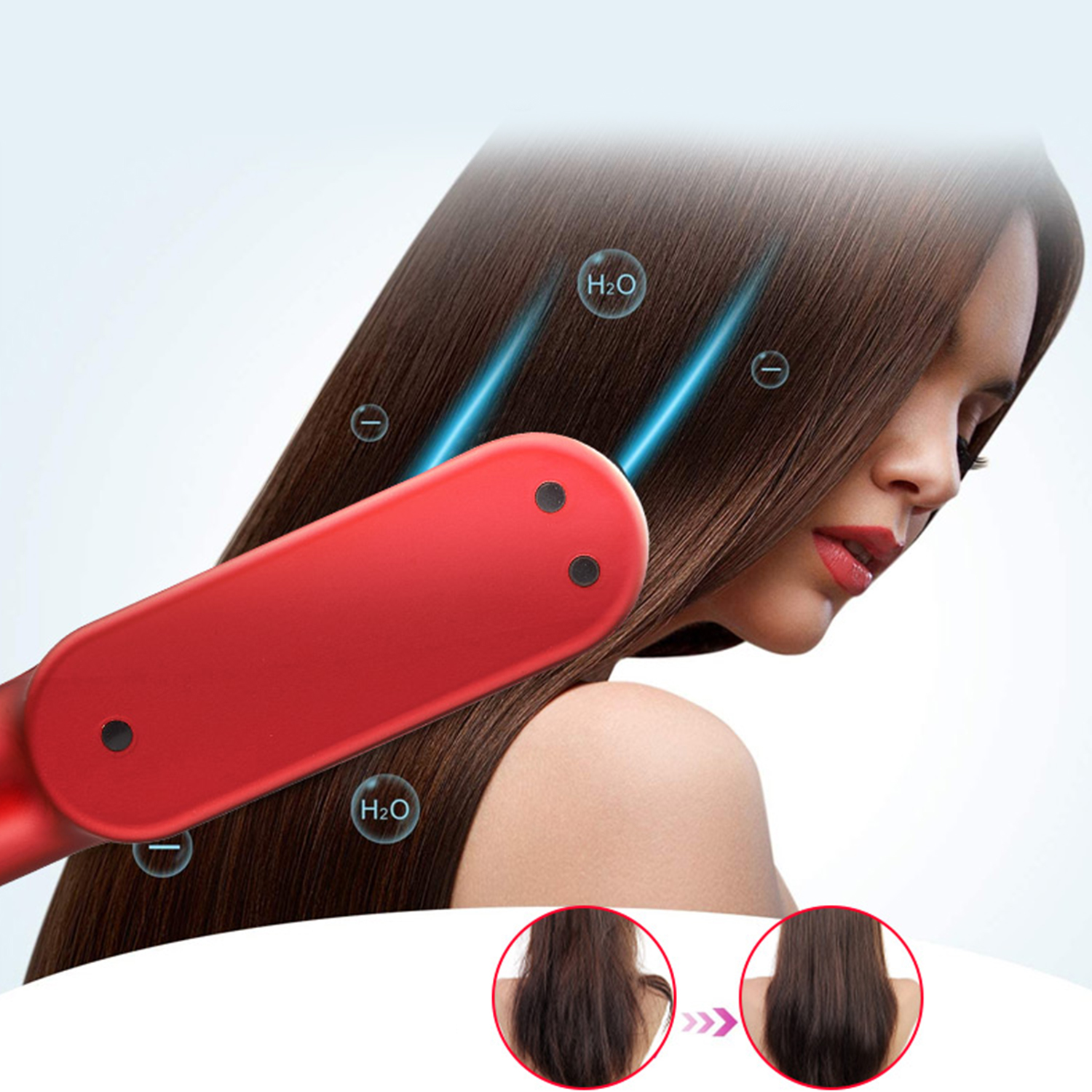 Mujer usando plancha roja para el cabello, con imágenes de antes y después.
