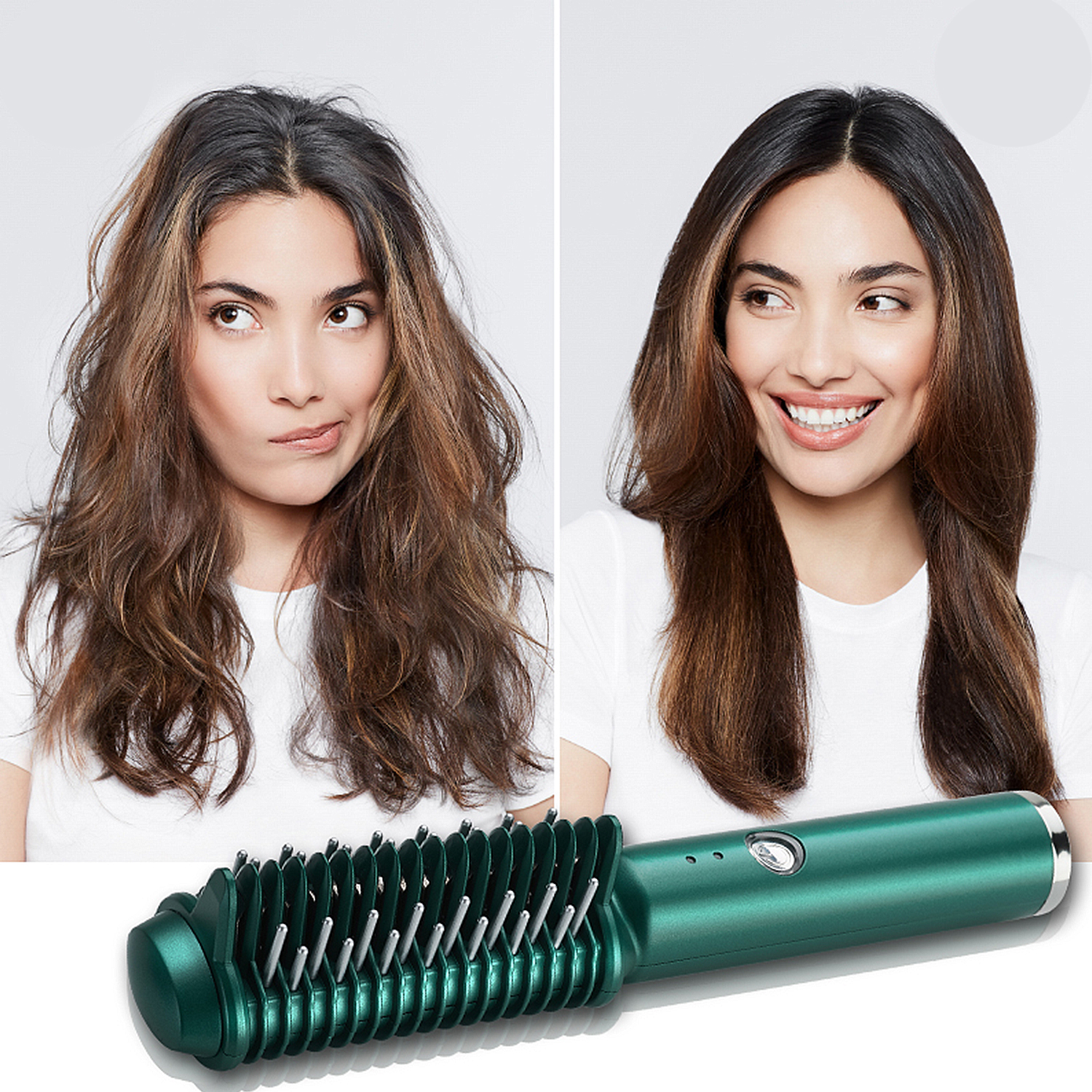 Donna con capelli crespi vs. donna con capelli lisci dopo aver usato una spazzola verde.