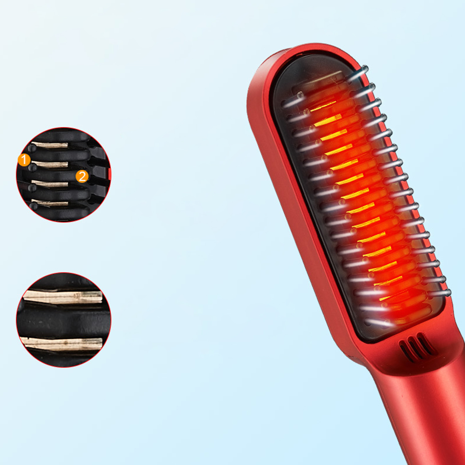 Plancha de pelo roja con detalles, primer plano, fondo azul.