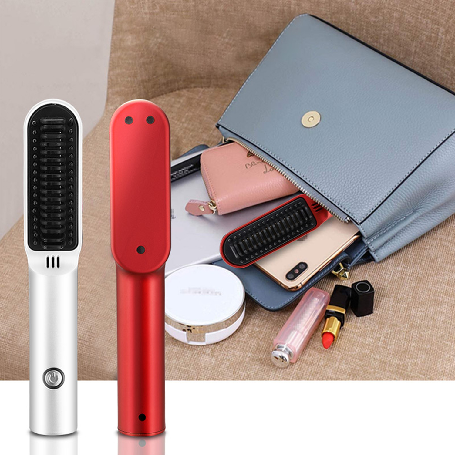 Dos planchas para el cabello, una plateada, otra roja, y accesorios.