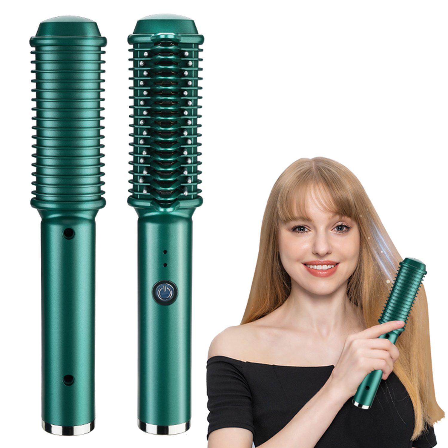 Spazzola lisciante verde con una donna che si liscia i capelli. Isolato su sfondo bianco.