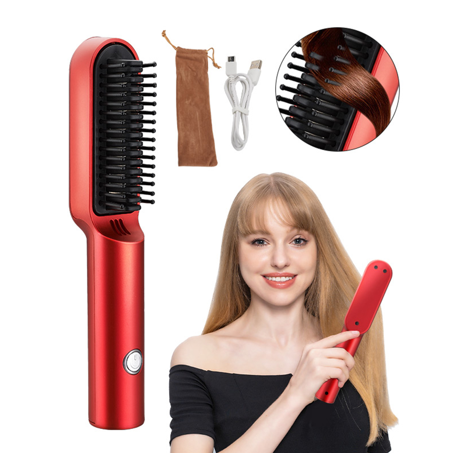 Cepillo de peinado rojo con una mujer y su cabello, también una bolsa marrón.