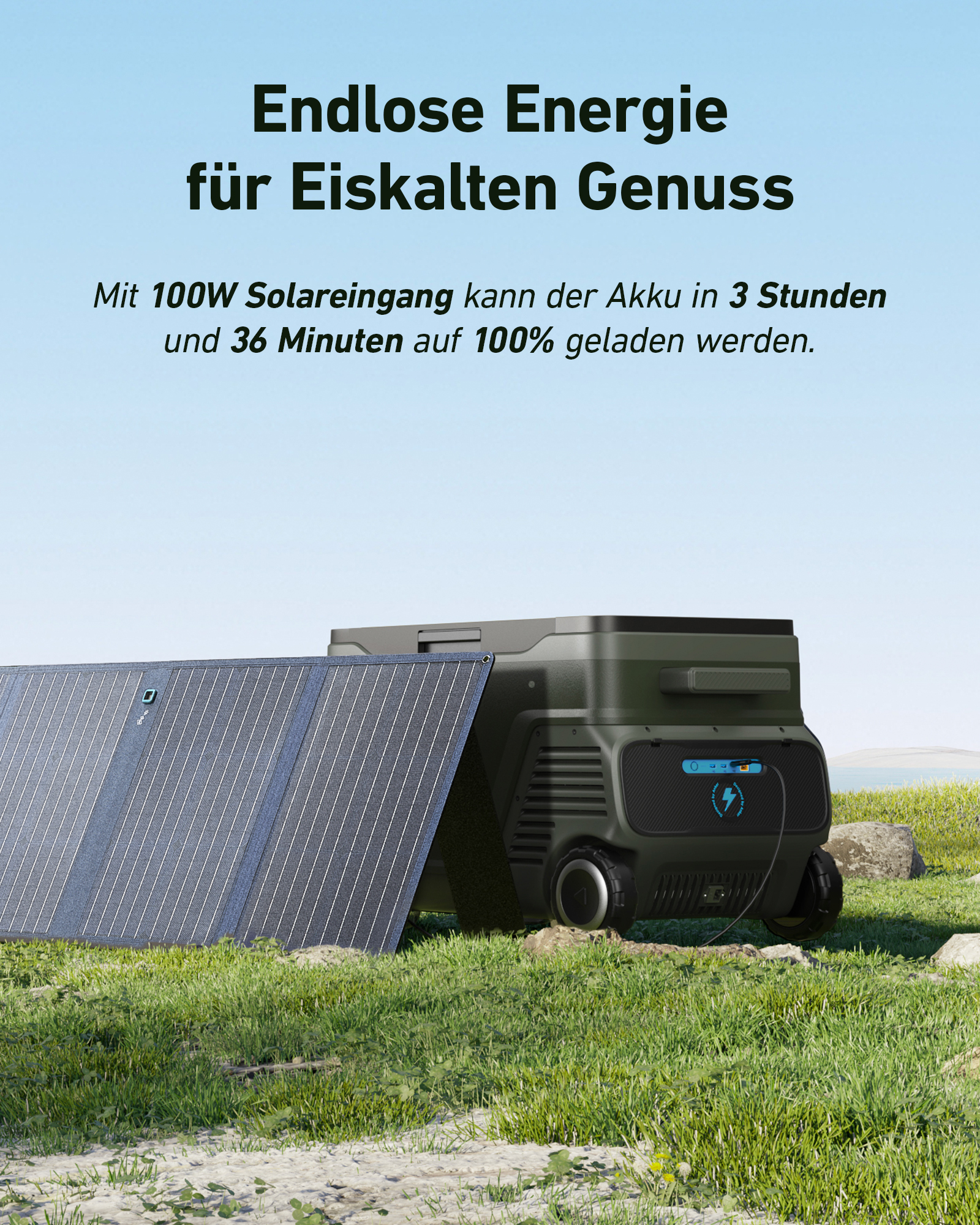 Przenośny generator z panelem słonecznym. Jest na trawie z błękitnym niebem.