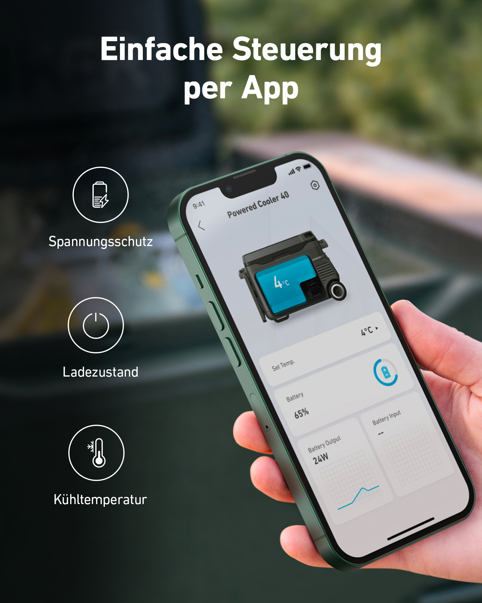 Ręka trzymająca telefon pokazujący baterię, temperaturę i ustawienia chłodziarki. Telefon jest zielony.