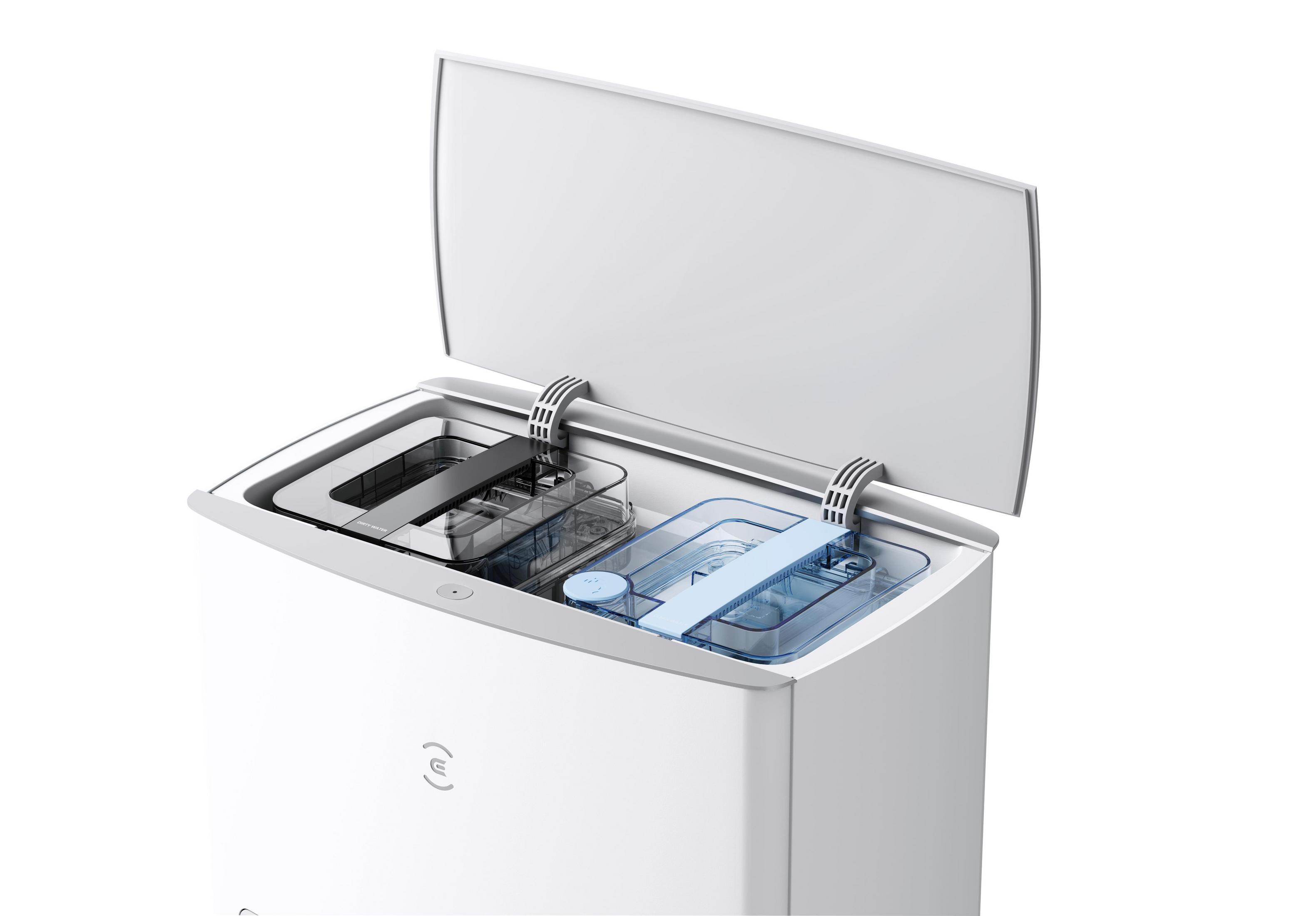 Biało-niebieski robot sprzątający z otwartą pokrywą, odsłaniający wewnętrzne części.