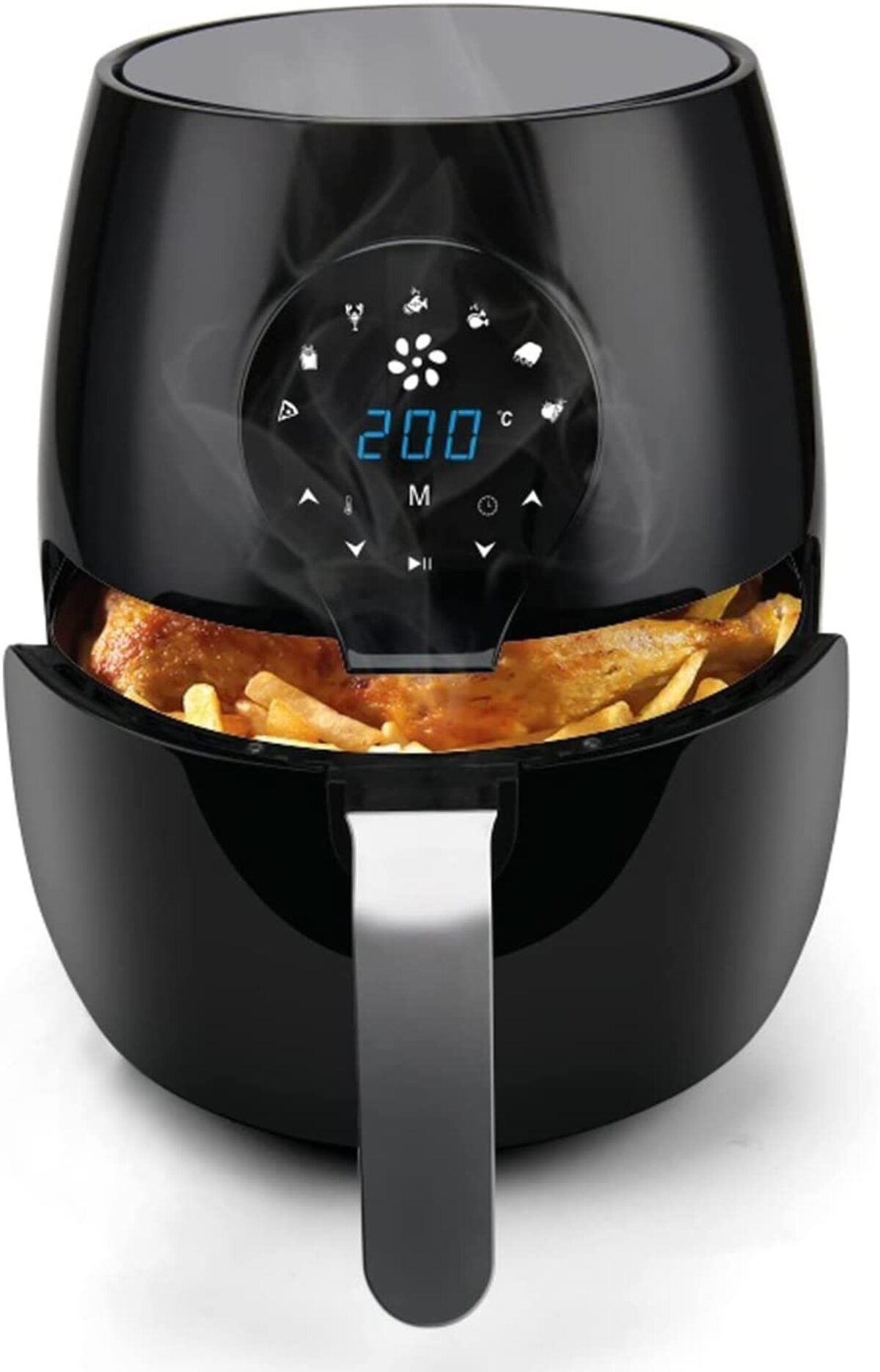 Freidora de aire negra con comida dentro, pantalla digital, vapor subiendo.