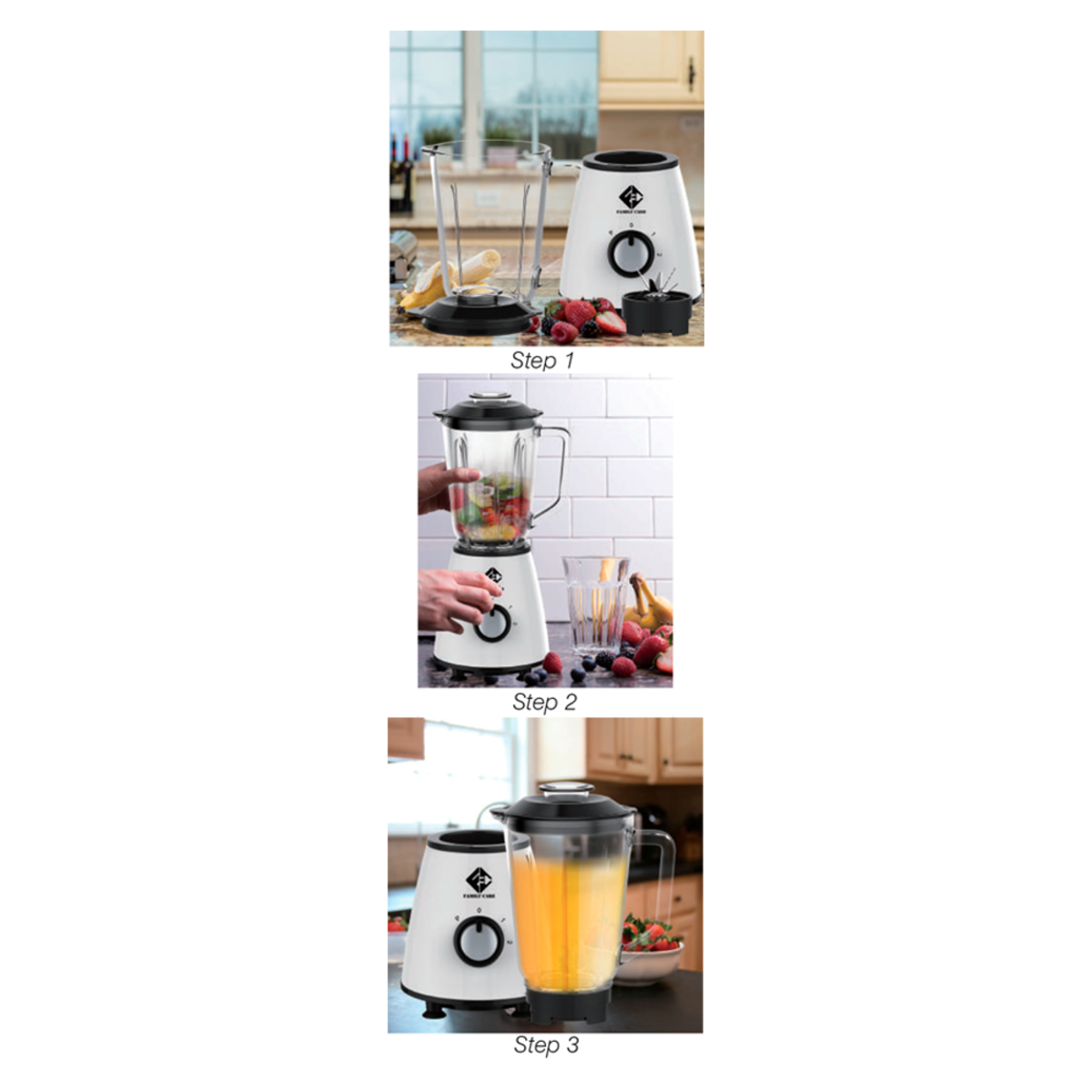 Proceso de tres pasos de una licuadora. Incluye mezclar ingredientes y servir el batido.