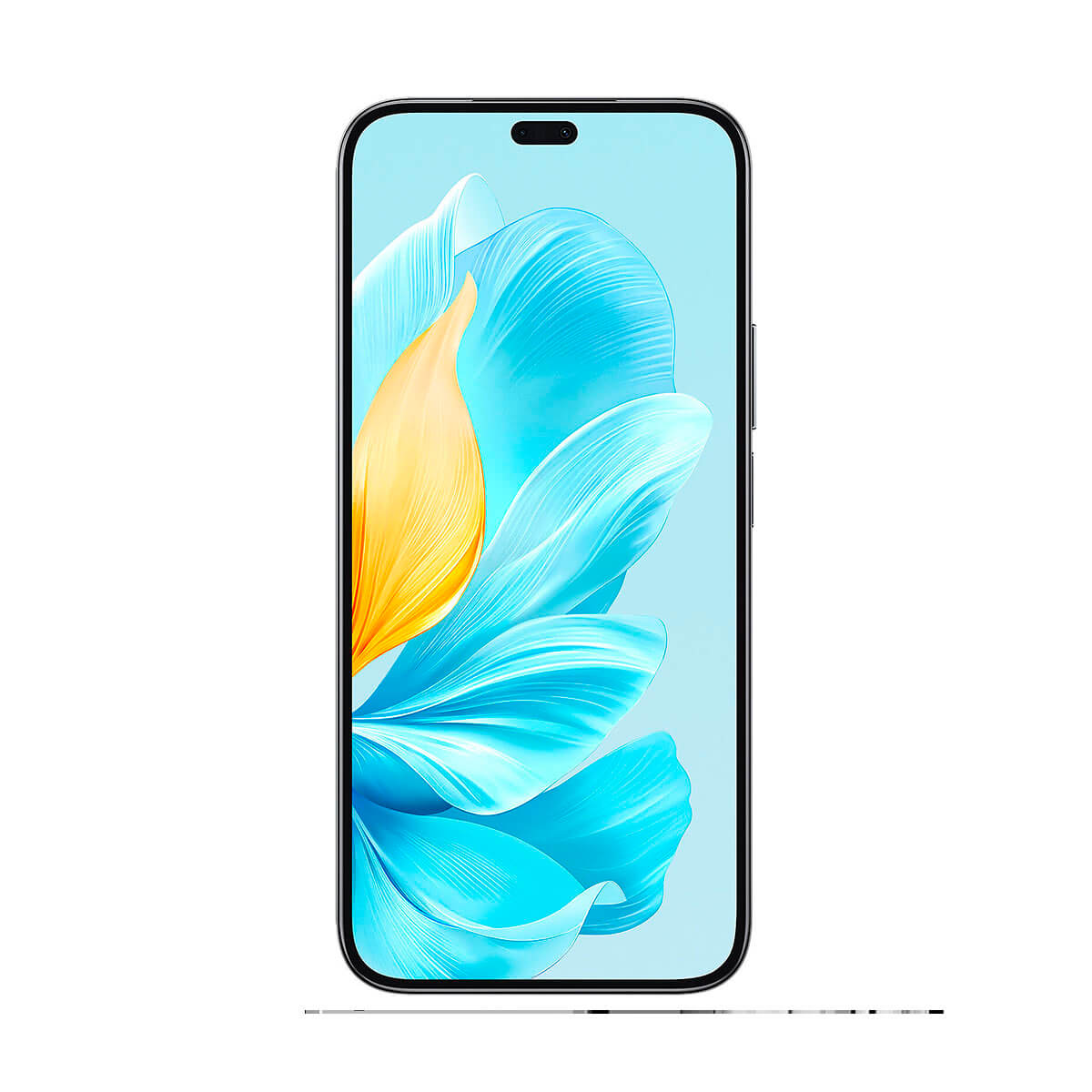 Smartphone con una pantalla grande que muestra flores azules y amarillas.