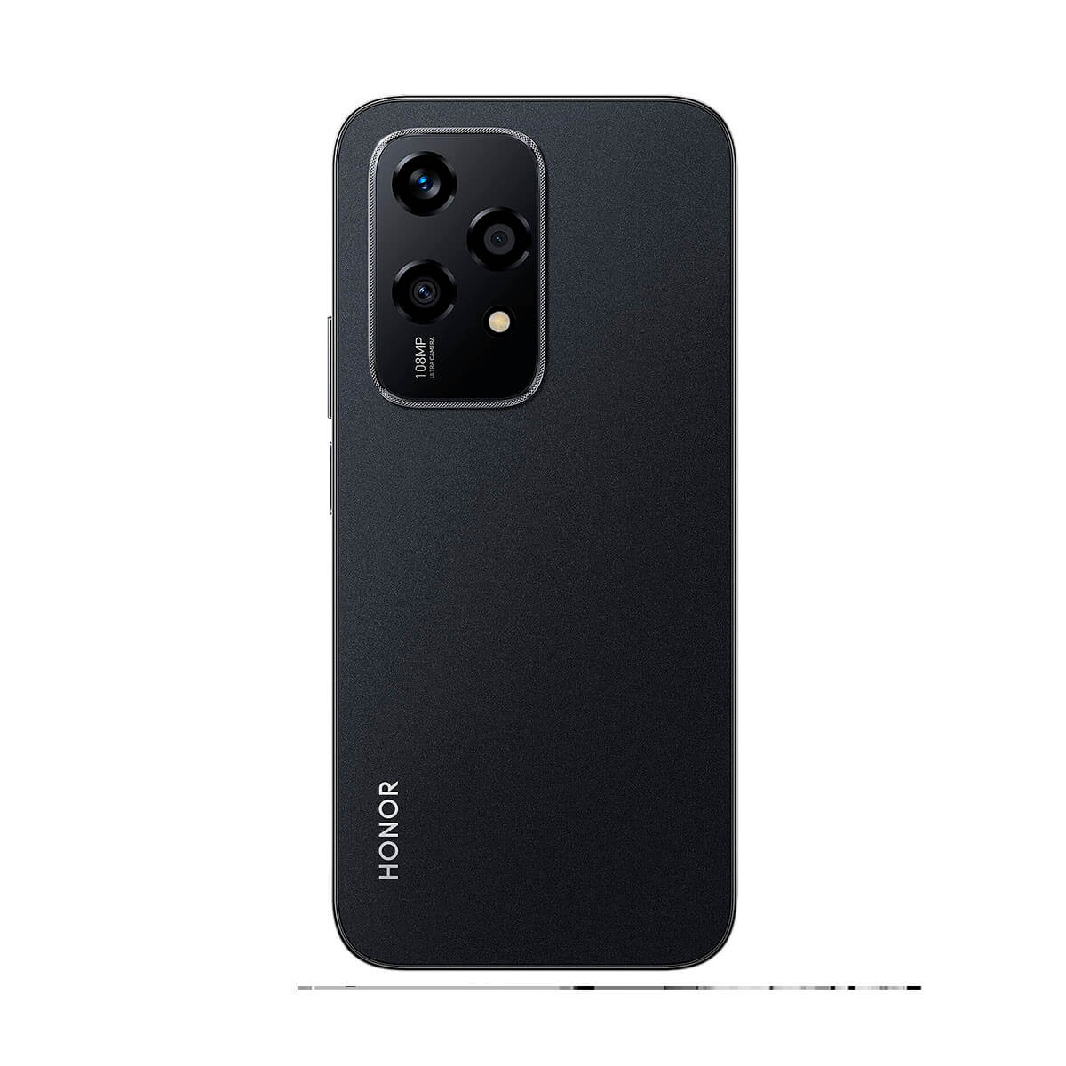 Teléfono Honor negro con triple cámara y logotipo Honor en la parte trasera.